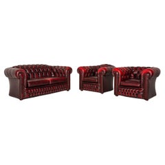 Chesterfield Tudor Leather Sofa Set Dark Red 1x Two-Seater 2x Armchair