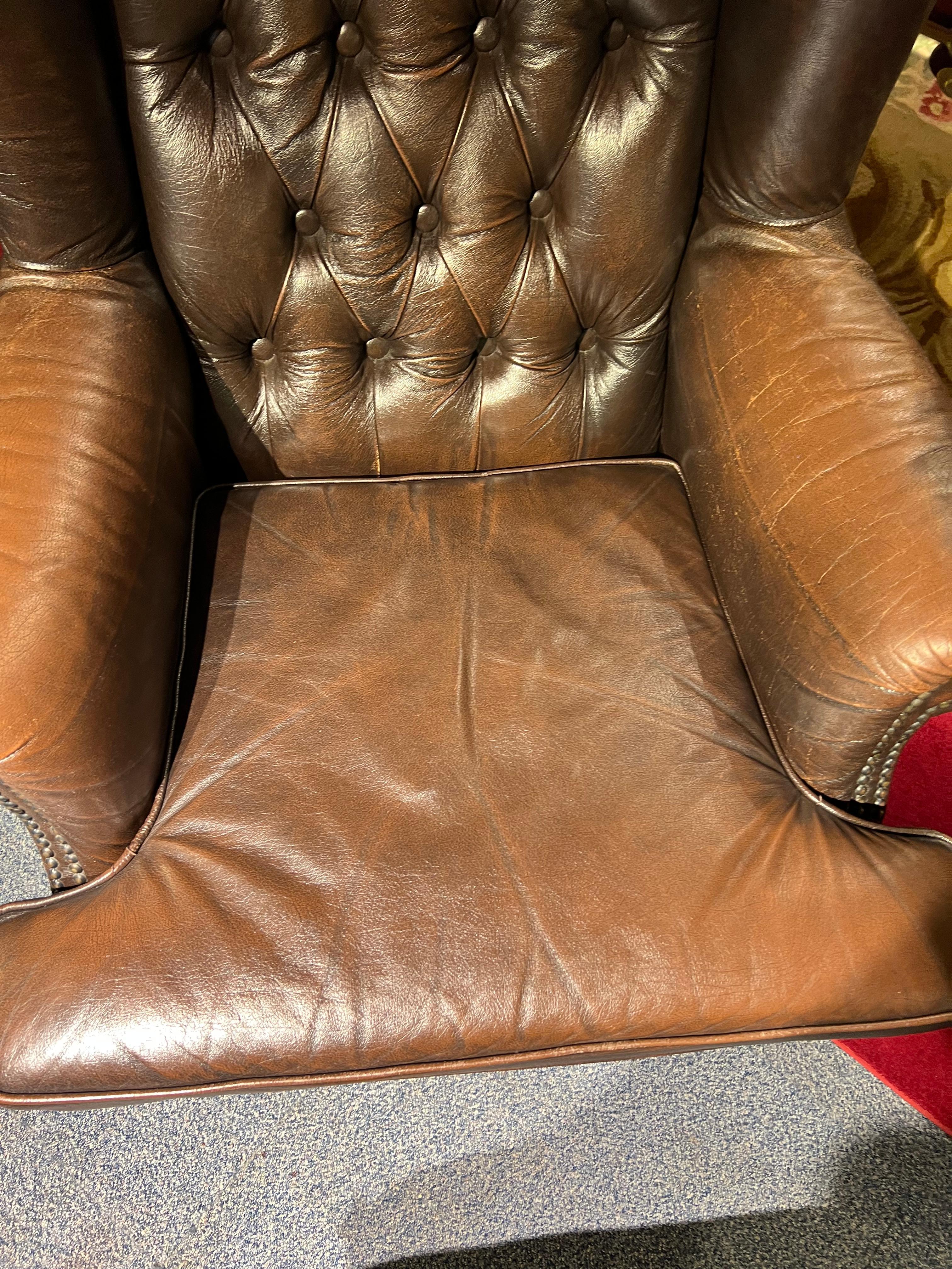 Chesterfield Tufted Dutch Brown Leather Library Club Armchair with Ottoman For Sale 4
