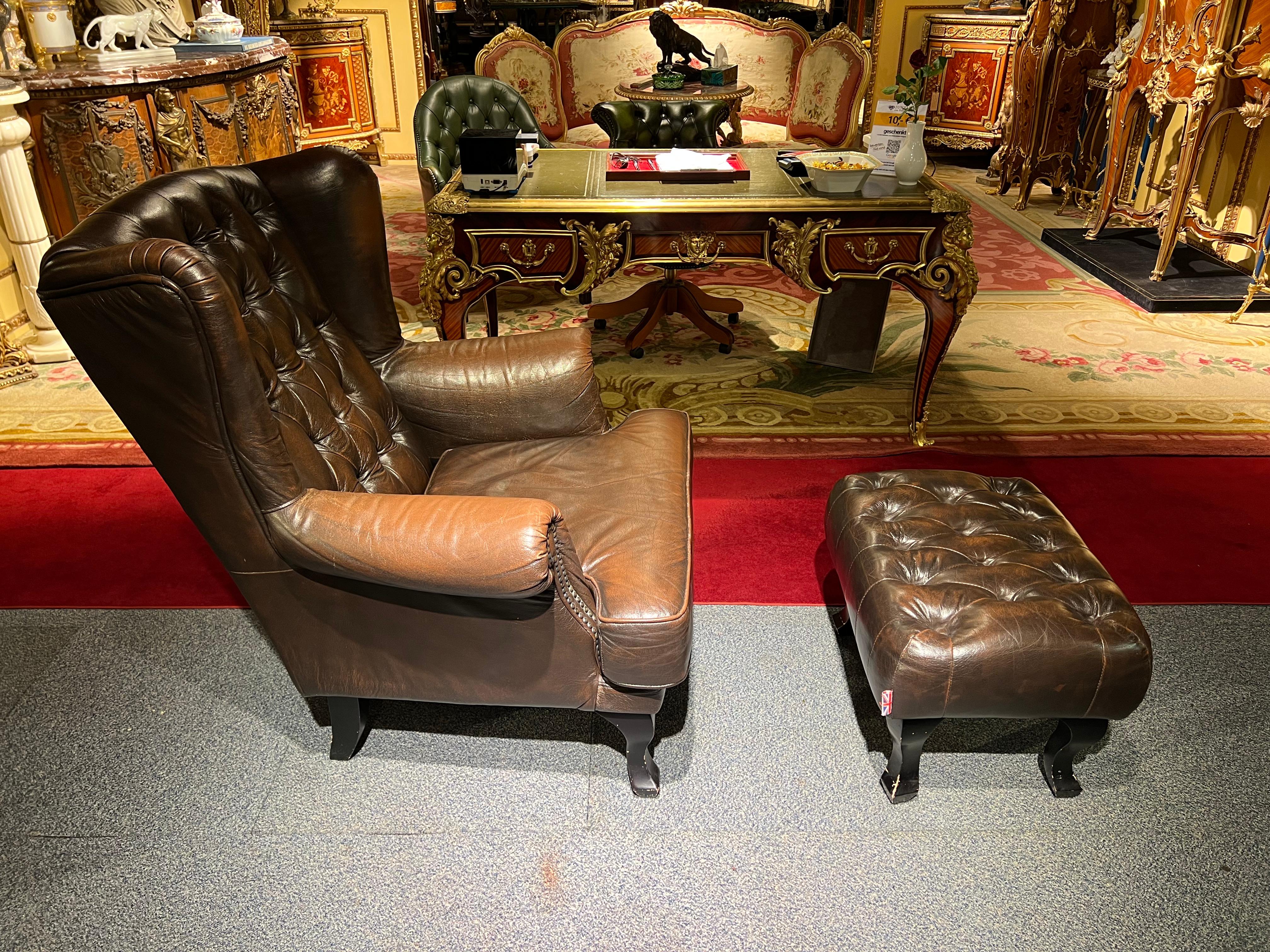 Chesterfield Tufted Dutch Brown Leather Library Club Armchair with Ottoman For Sale 6