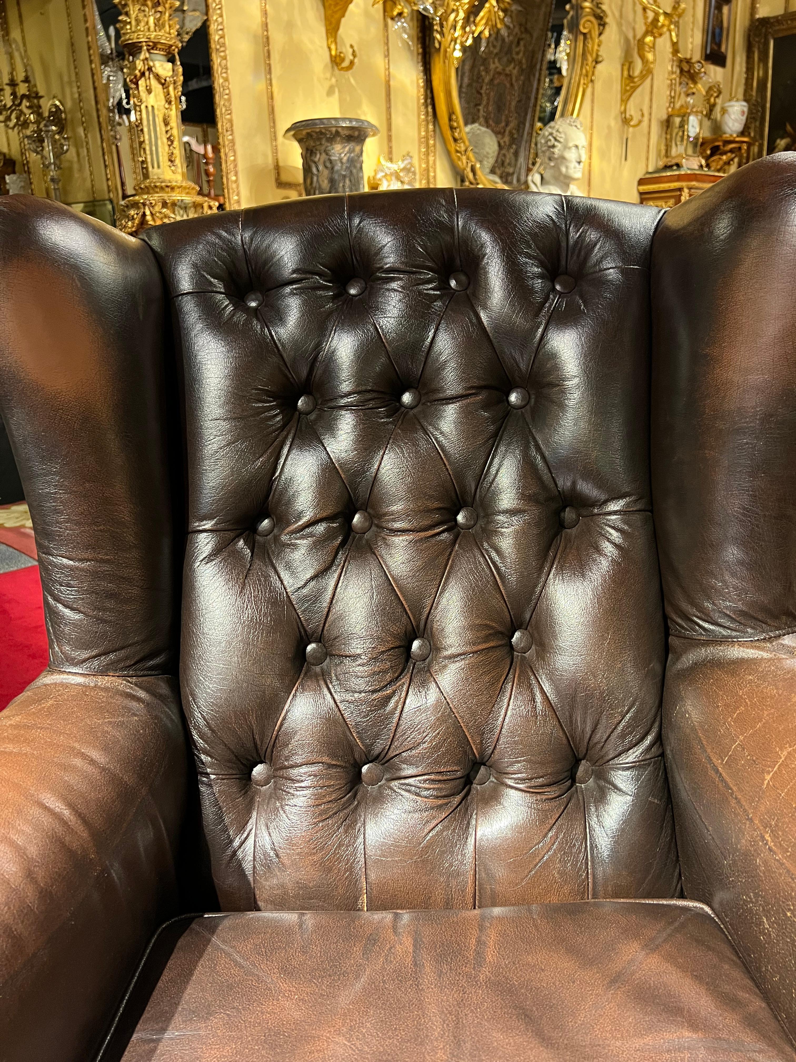 Chesterfield Tufted Dutch Brown Leather Library Club Armchair with Ottoman For Sale 7