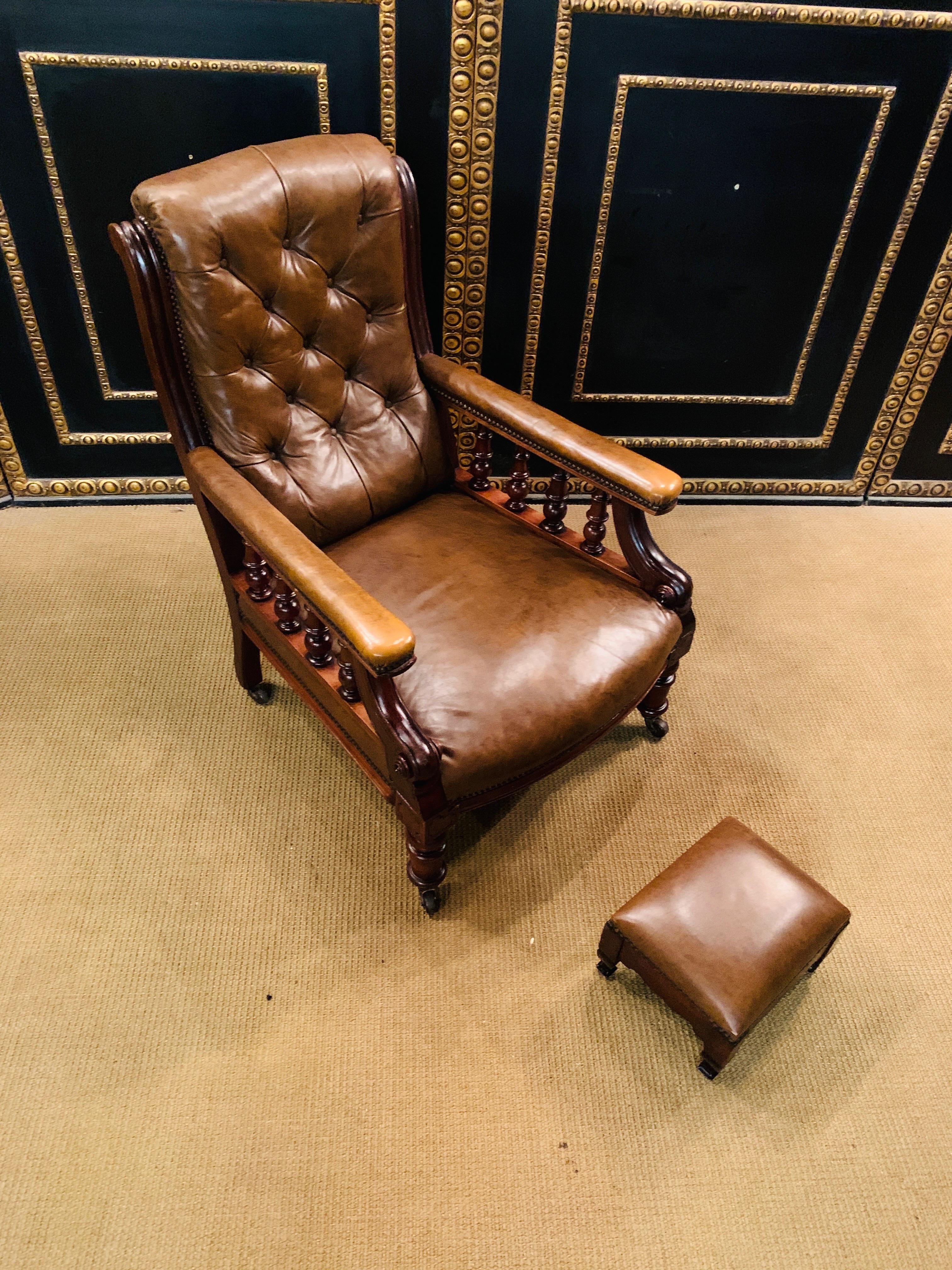 We are delighted to offer for sale this lovely Chesterfield Dutch hand dyed Cigar Brown leather library reading armchair with ottoman. A good looking and decorative pair, it has a lovely Victorian Gentleman’s club look and feel to it, the frames are