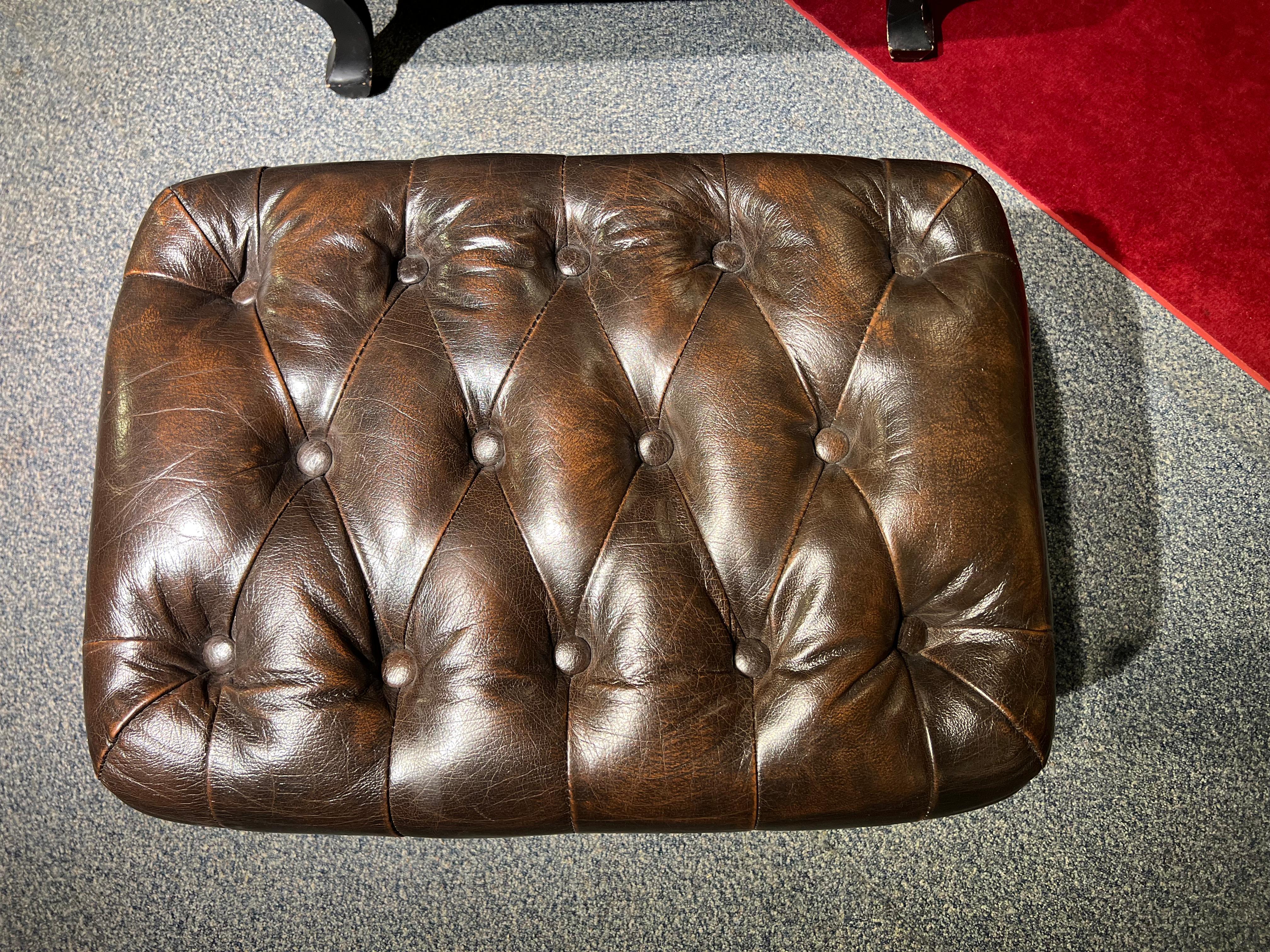 20th Century Chesterfield Tufted Dutch Brown Leather Library Club Armchair with Ottoman For Sale