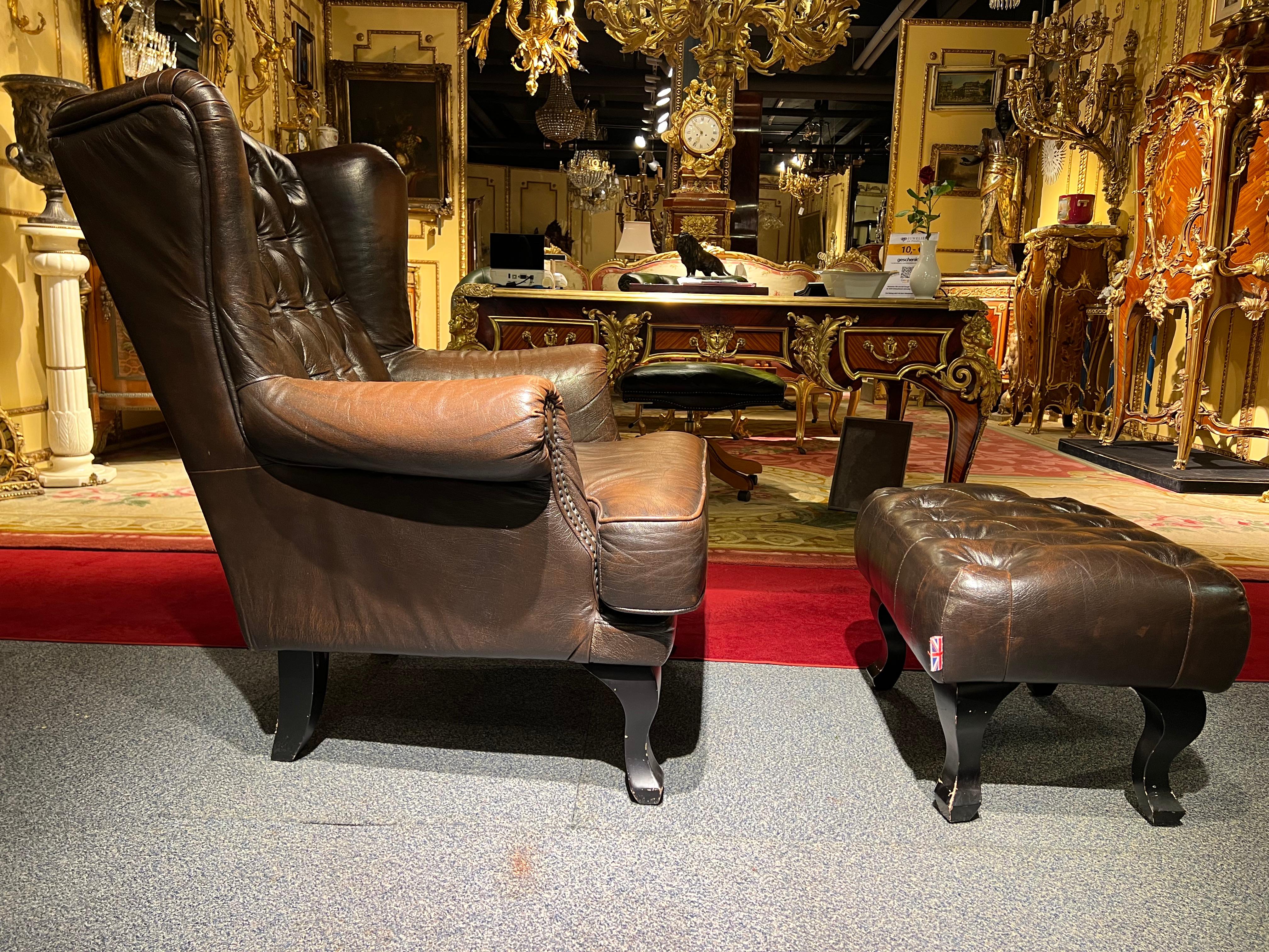20th Century Chesterfield Tufted Dutch Brown Leather Library Club Armchair with Ottoman For Sale