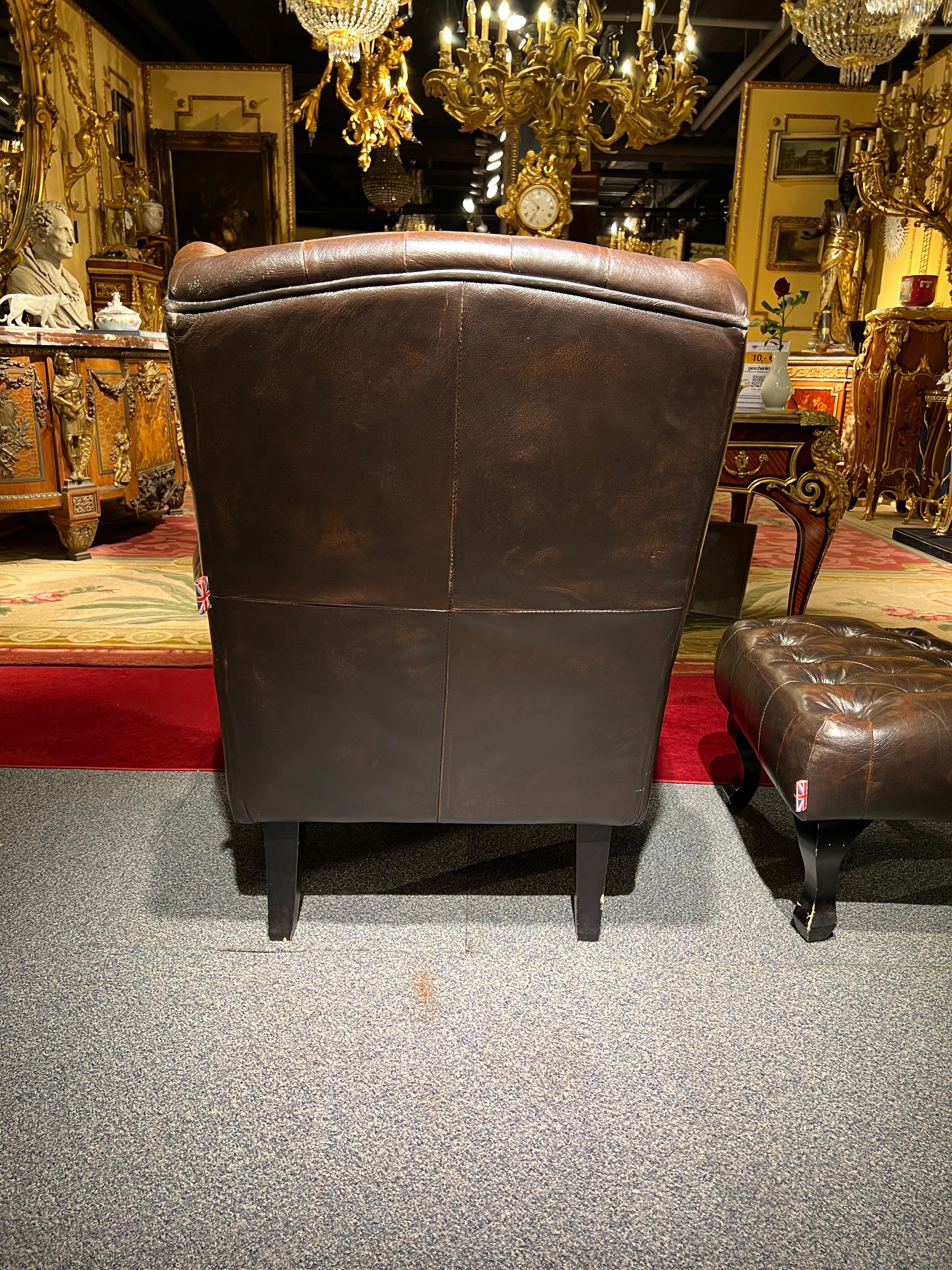 Chesterfield Tufted Dutch Brown Leather Library Club Armchair with Ottoman For Sale 2
