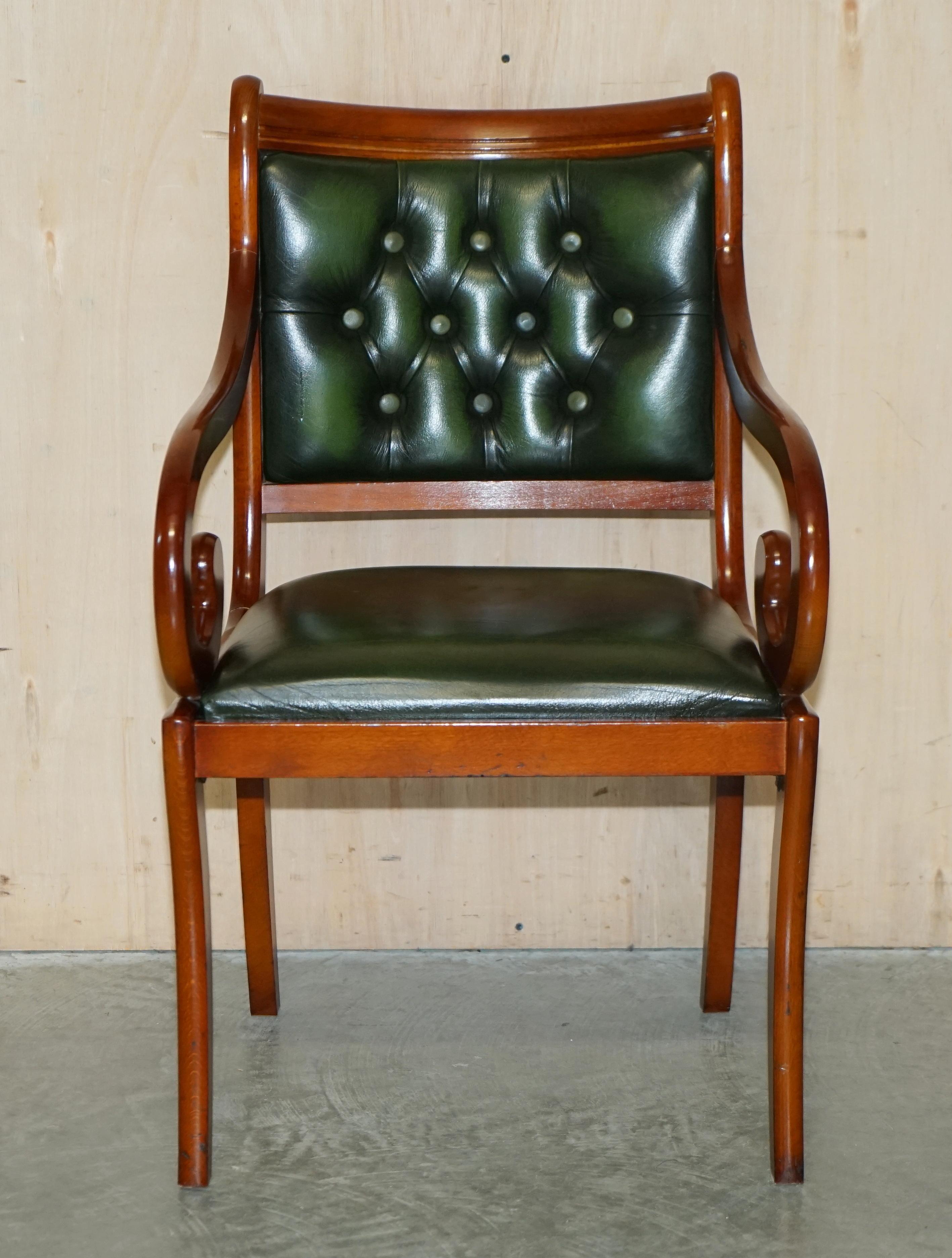 We are delighted to offer for sale this lovely, Chesterfield buttoned green leather desk chair 

A good looking well-made and decorative captain’s chair, it has a light beechwood frame with a oak finish and green leather upholstery 

We have