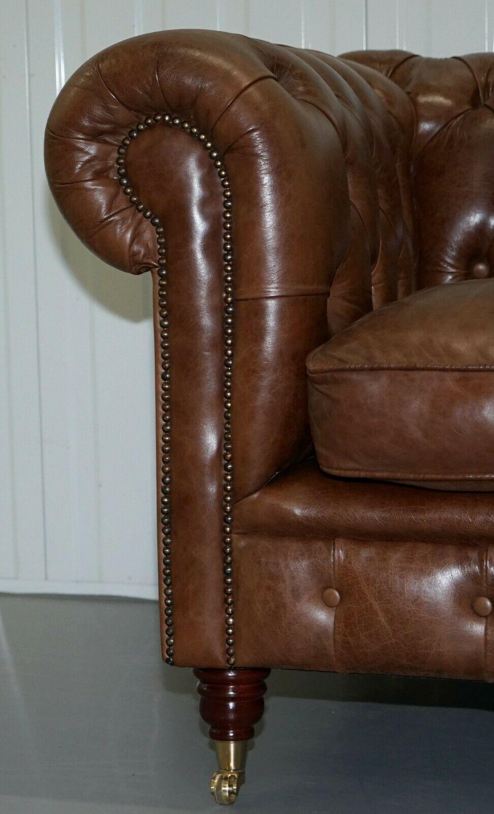 English Chesterfield Tufted Heritage Brown Leather Three-Seat Sofa Part of a Large Suite