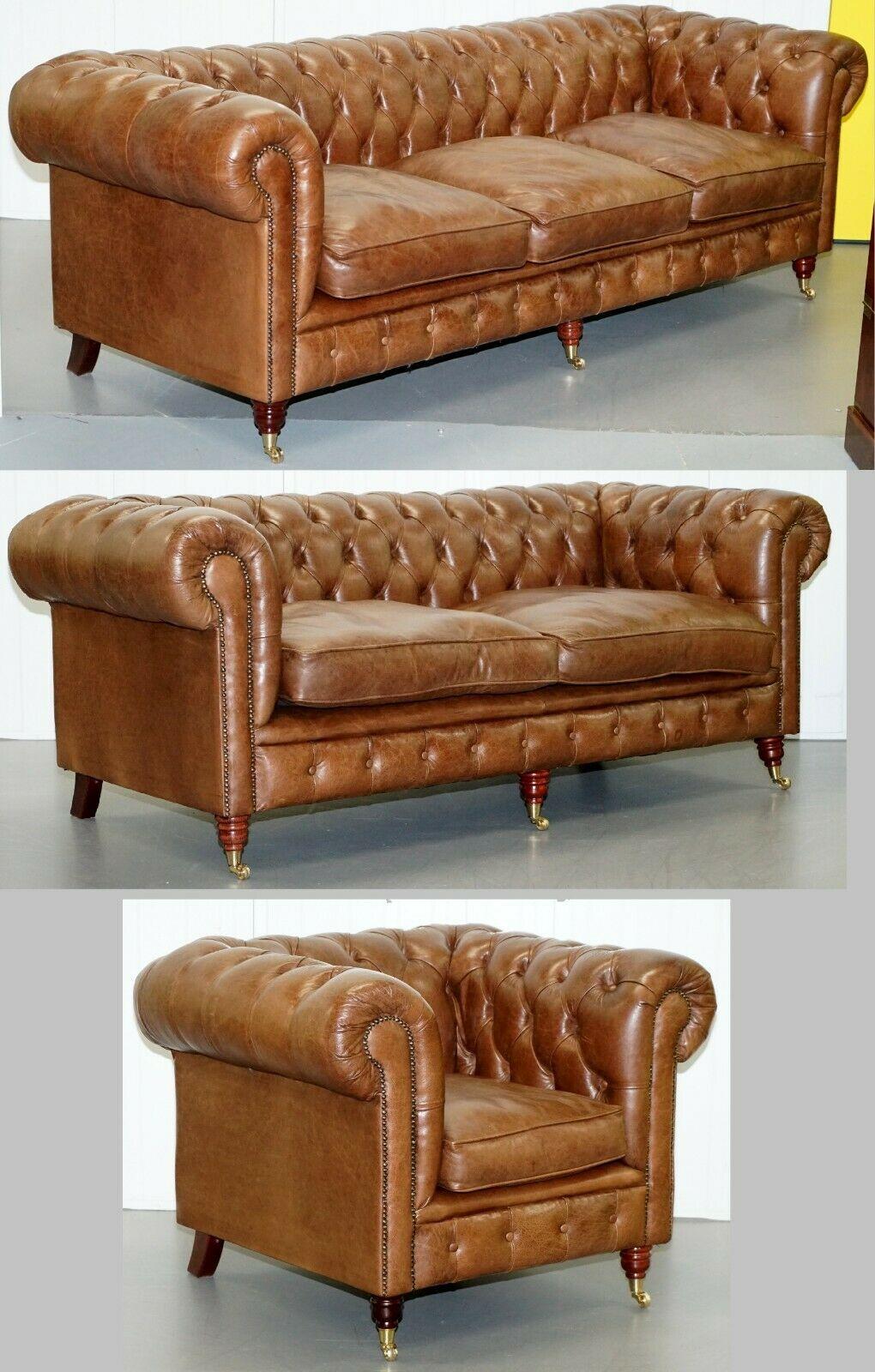 Hand-Crafted Chesterfield Tufted Heritage Brown Leather Three-Seat Sofa Part of a Large Suite