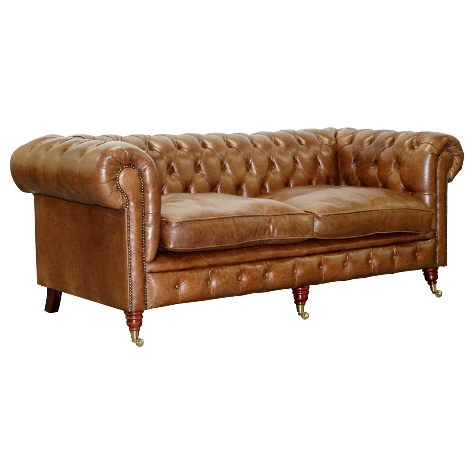 Chesterfield Tufted Heritage Brown Leather Three-Seat Sofa Part of a Large Suite