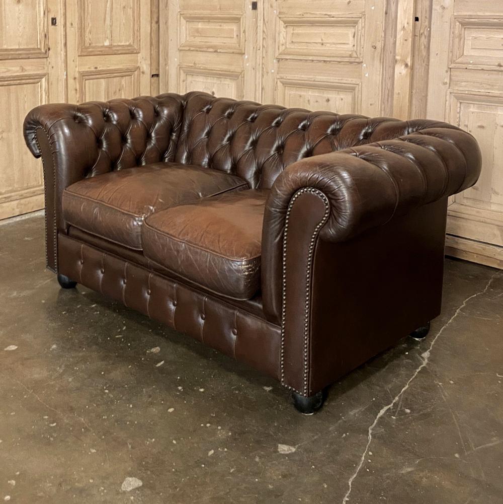 Mid-Century Modern Chesterfield Tufted Leather Love Seat