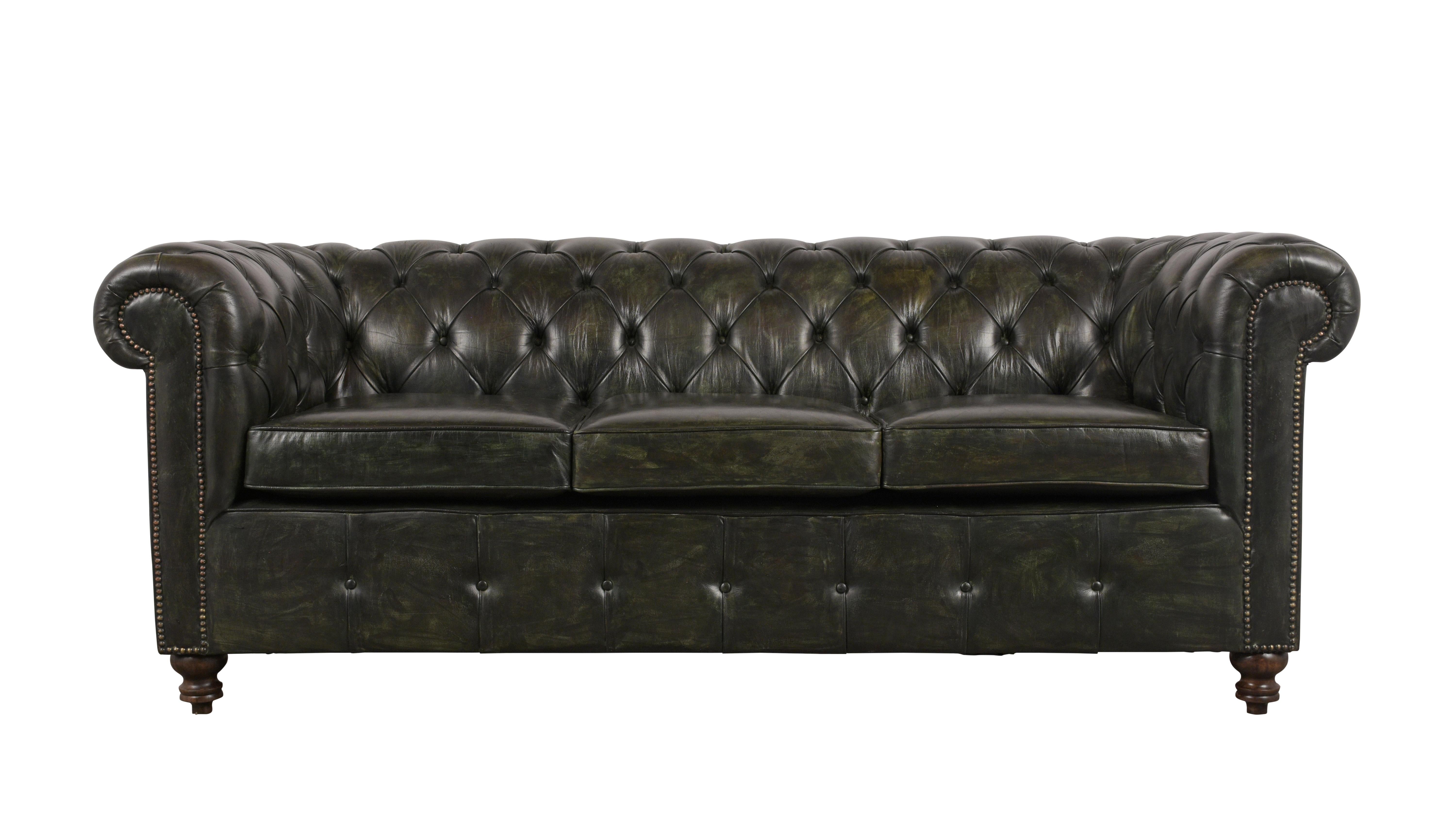 This English 1960s Chesterfield Leather Sofa has been restored and is upholstered in dark green leather with tufted design & brass nail trim details. The Sofa features three removable seats comfortable cushions and seat coil springs for support. The