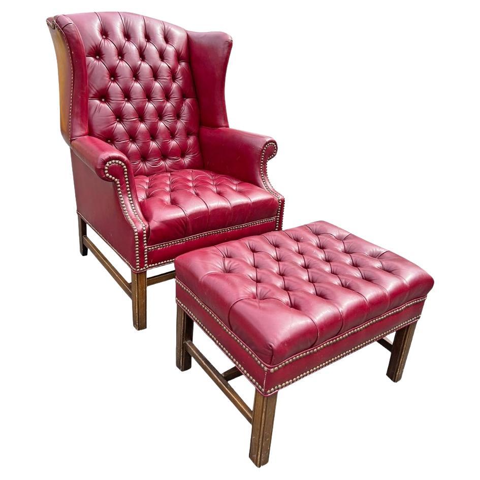 Chesterfield Tufted Leather Wingback Chair and Ottoman by Ethan Allen ...