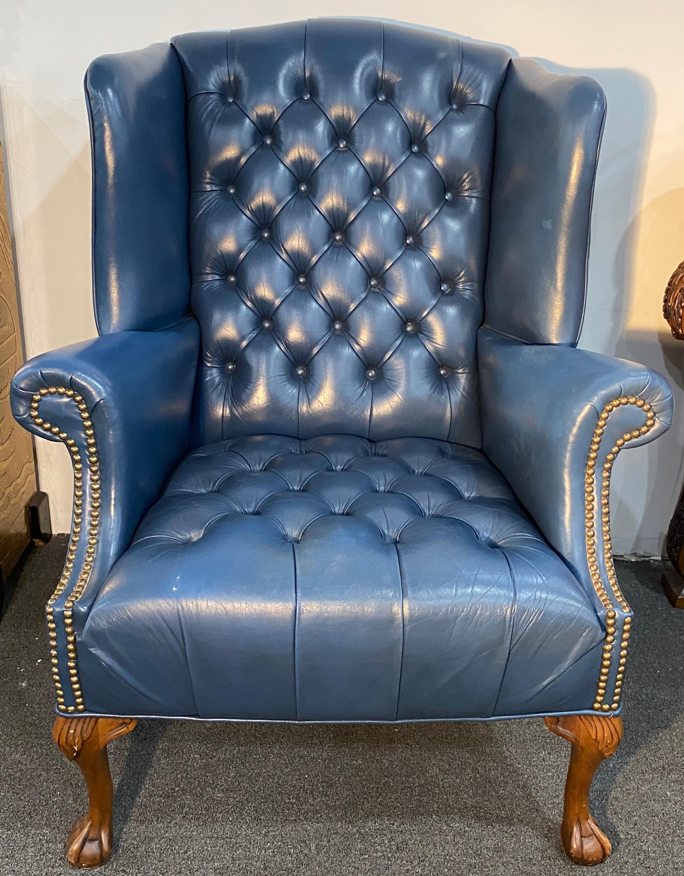 Chesterfield Tufted Slate Blue Leather Library Club Armchair with