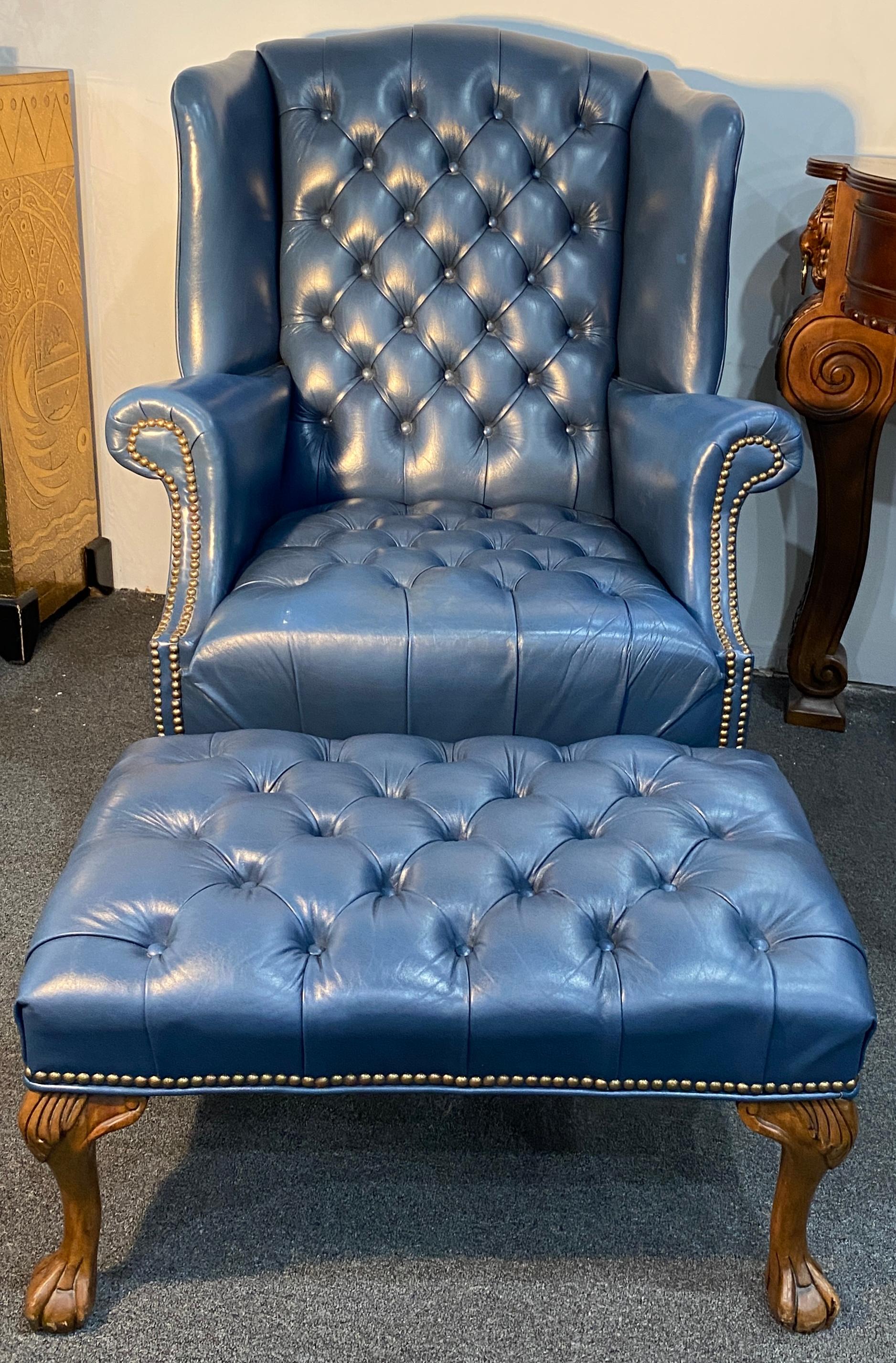 British Chesterfield Tufted Slate Blue Leather Library Club Armchair with Ottoman