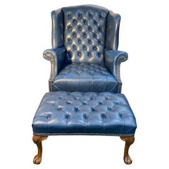 Chesterfield Tufted Slate Blue Leather Library Club Armchair with Ottoman