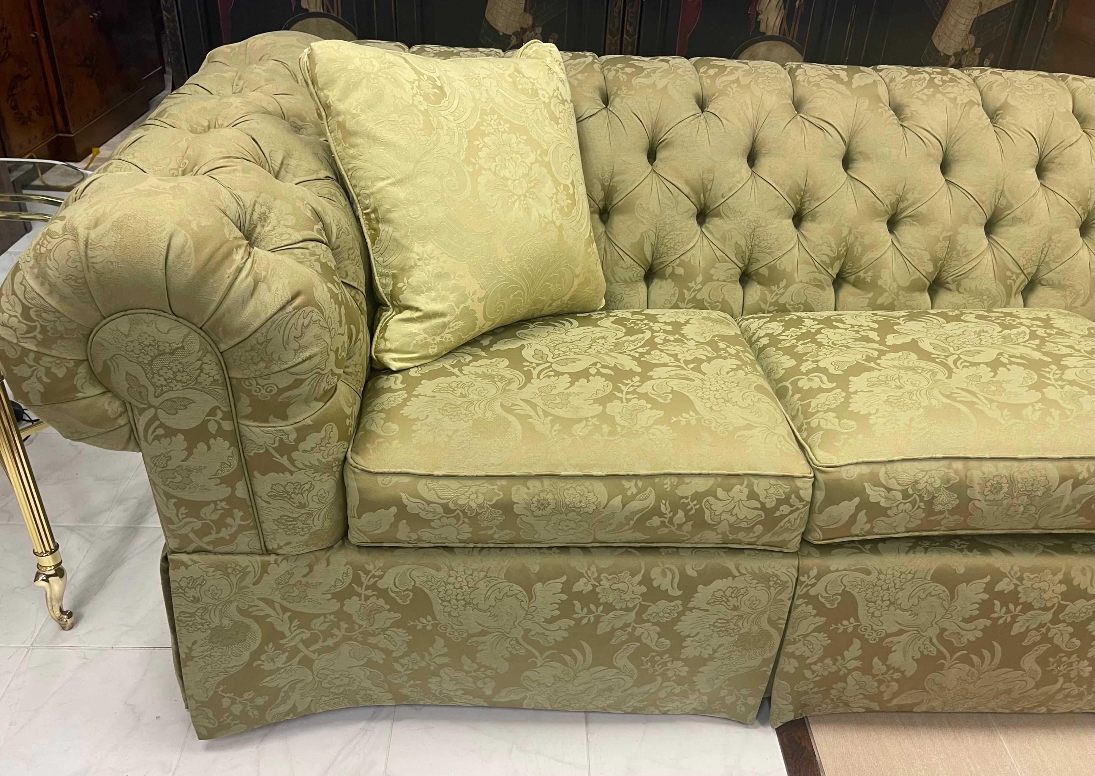 Chesterfield Tufted Three Seater Sofa in Rare Olive Paisley Upholstery 3
