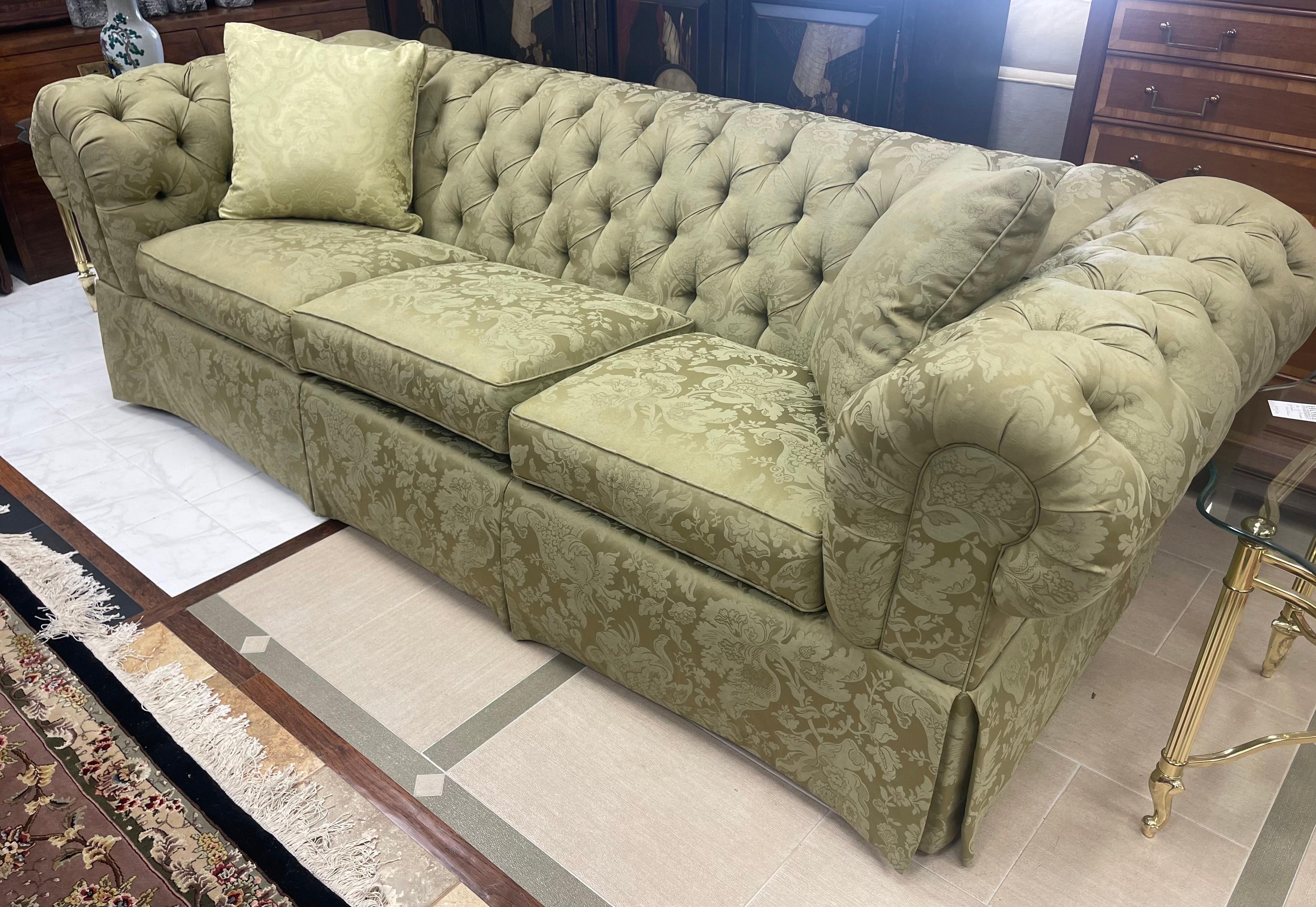 Chesterfield Tufted Three Seater Sofa in Rare Olive Paisley Upholstery 5