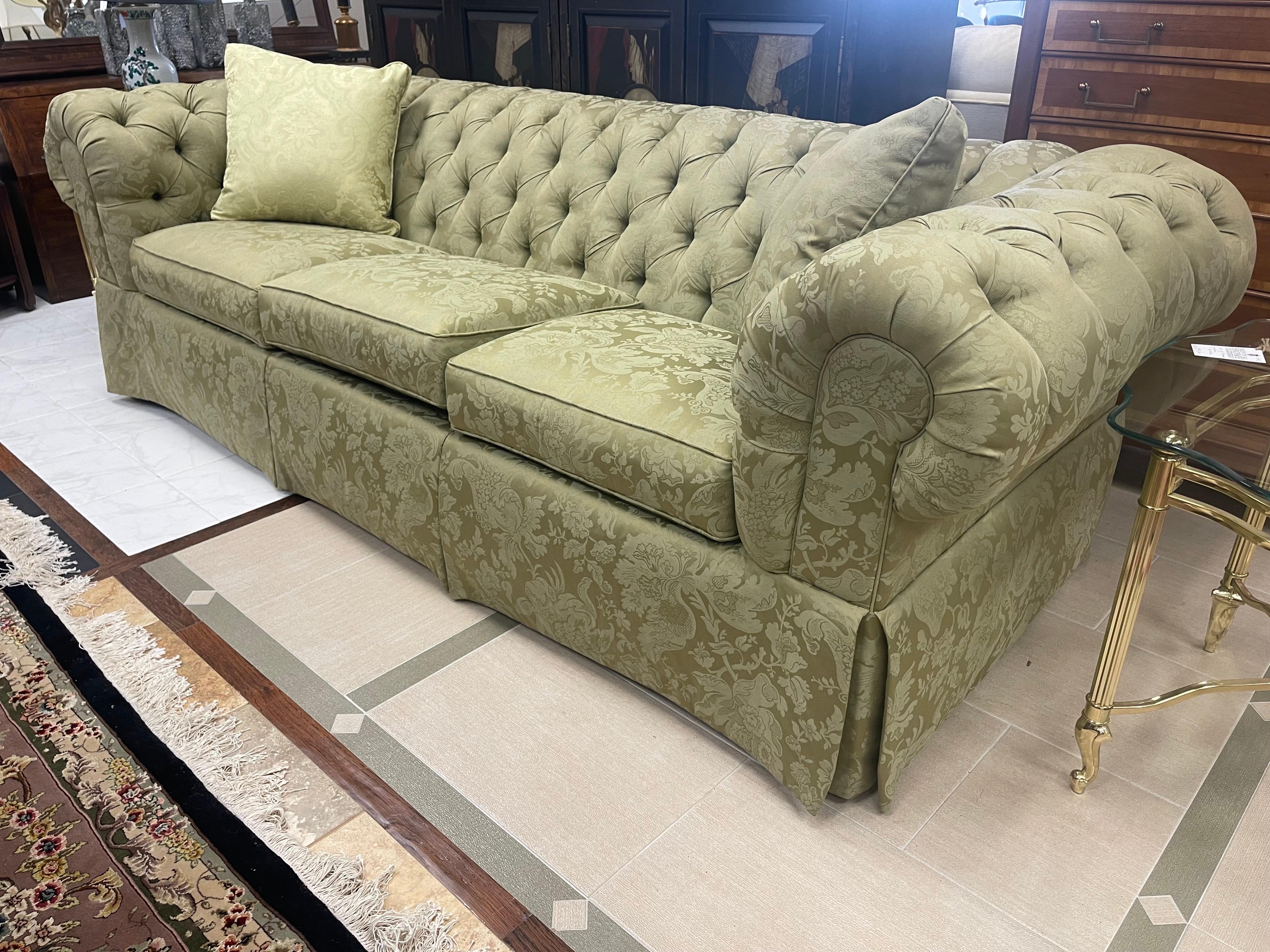 Chesterfield Tufted Three Seater Sofa in Rare Olive Paisley Upholstery 8