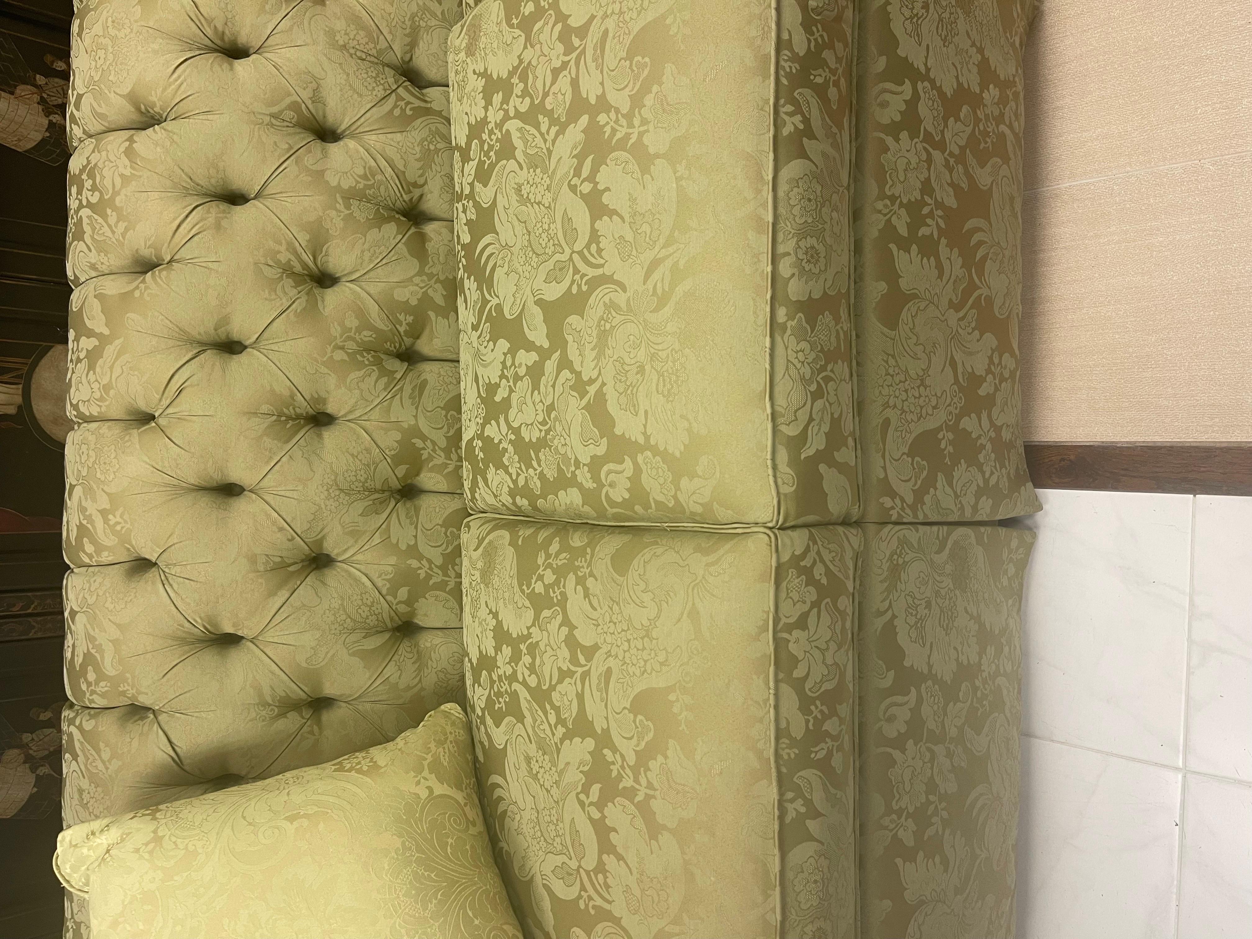 American Chesterfield Tufted Three Seater Sofa in Rare Olive Paisley Upholstery