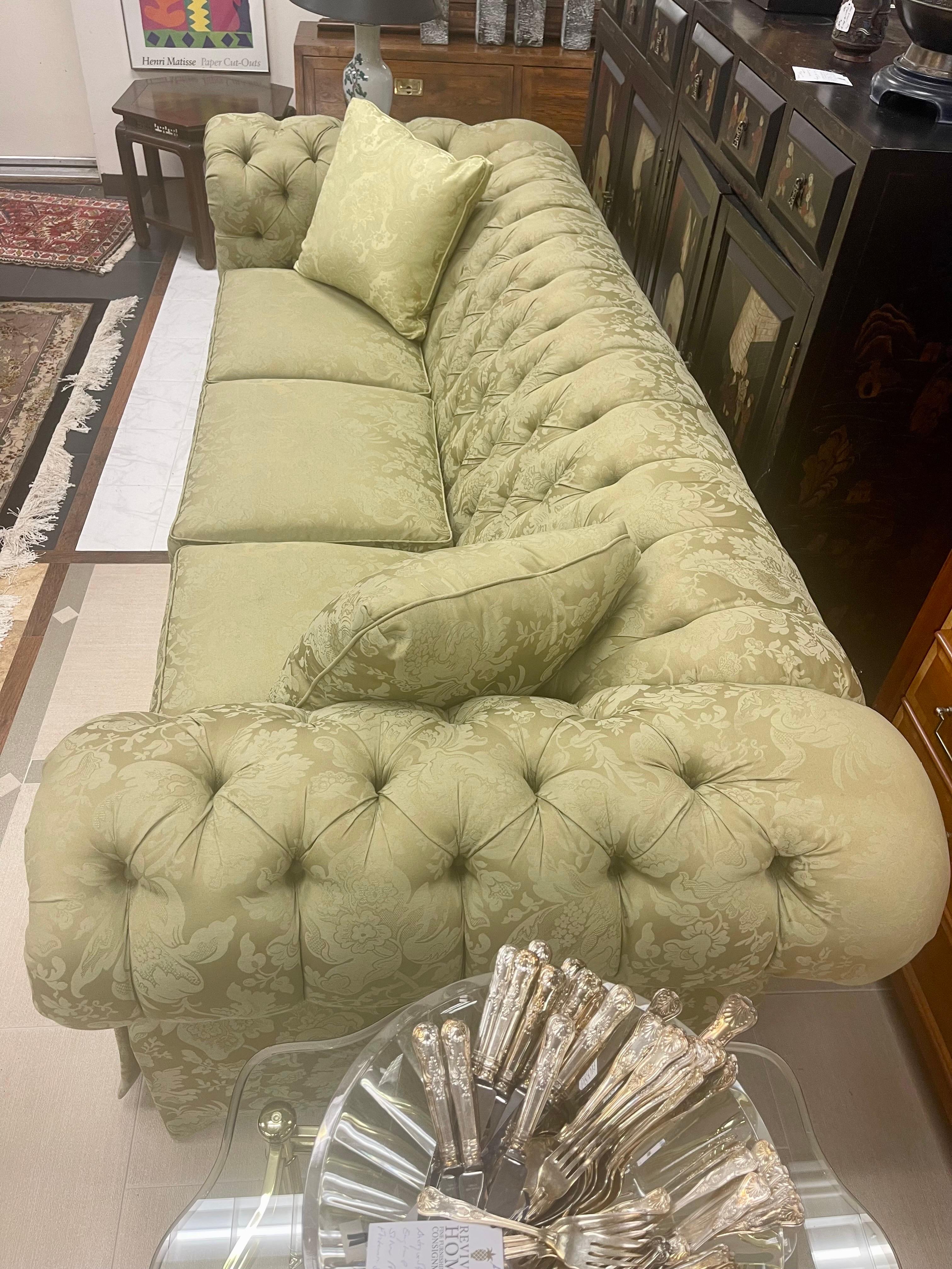 Chesterfield Tufted Three Seater Sofa in Rare Olive Paisley Upholstery In Good Condition In West Hartford, CT