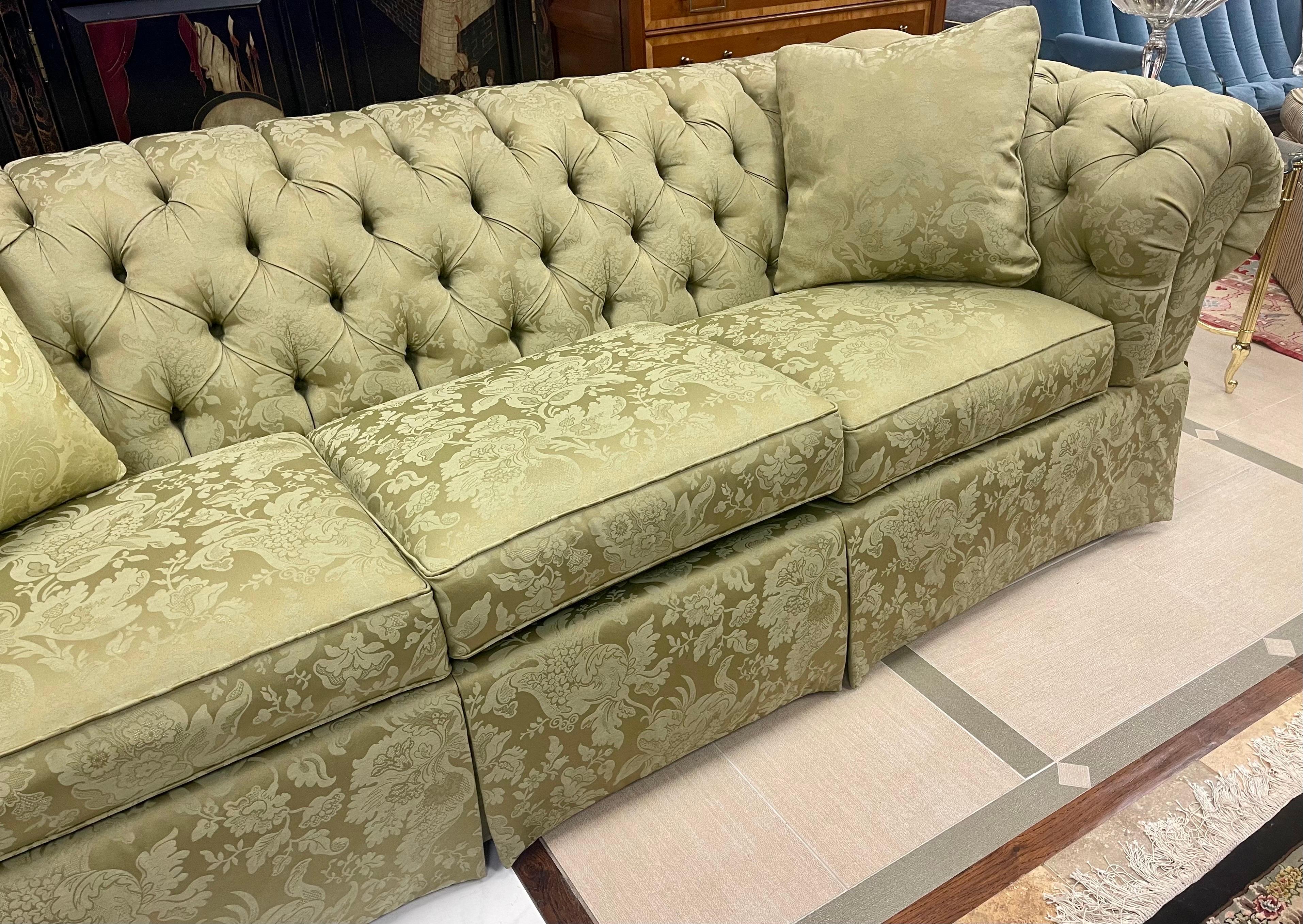 Chesterfield Tufted Three Seater Sofa in Rare Olive Paisley Upholstery 2