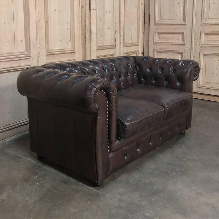 Chesterfield Two-Seat Brown English Leather Sofa For Sale ...