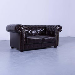 Chesterfield Two-Seat Sofa Brown Leather Couch Vintage Retro Rivets