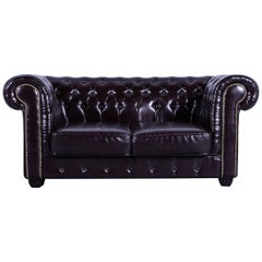 Chesterfield Two-Seat Sofa Brown Leather Couch Vintage Retro Rivets