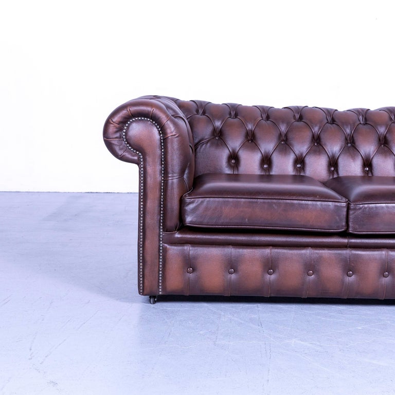 Chesterfield Two Seat Sofa Brown Leather Couch Vintage Retro Rivets British Chesterfield Two Seat Sofa Brown Leather Couch Vintage Retro Rivets For