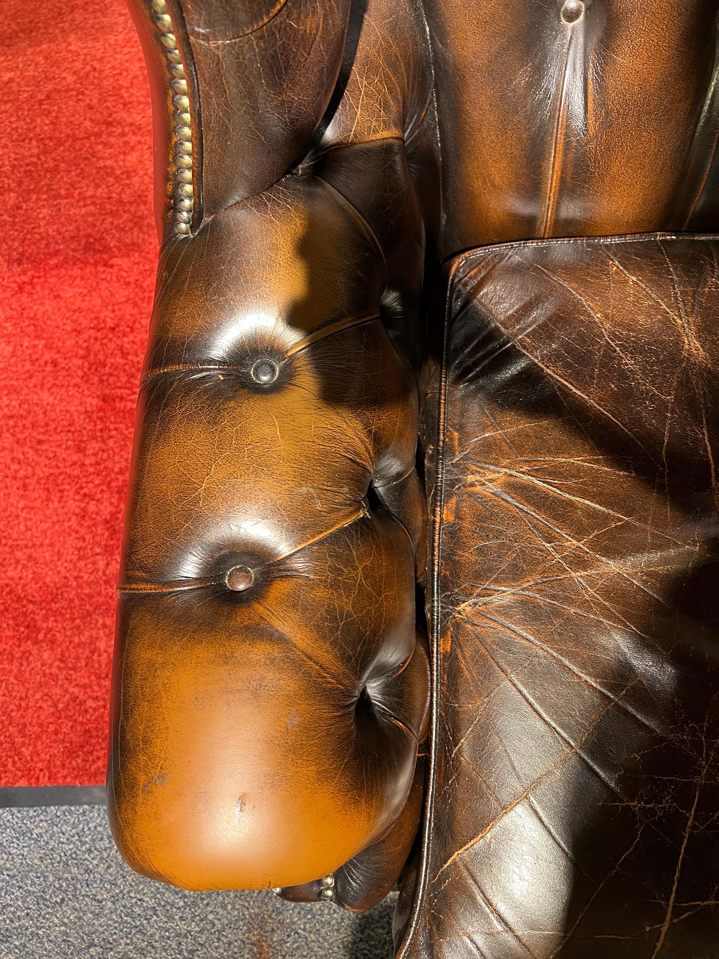 Chesterfield Vintage Brown Leather Wingback Georgian Armchair with Horse hair For Sale 5