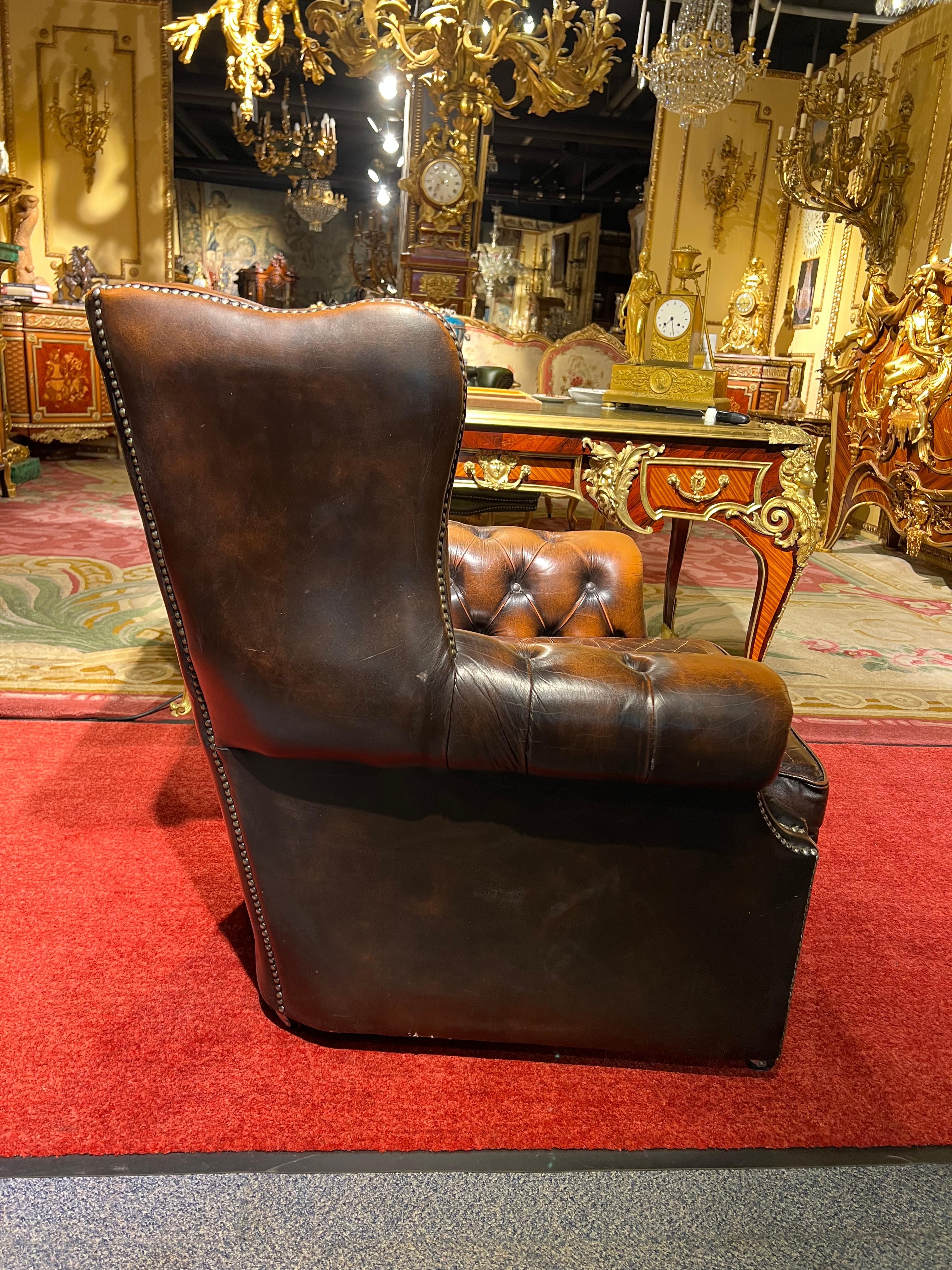 Chesterfield Vintage Brown Leather Wingback Georgian Armchair with Horse hair For Sale 8