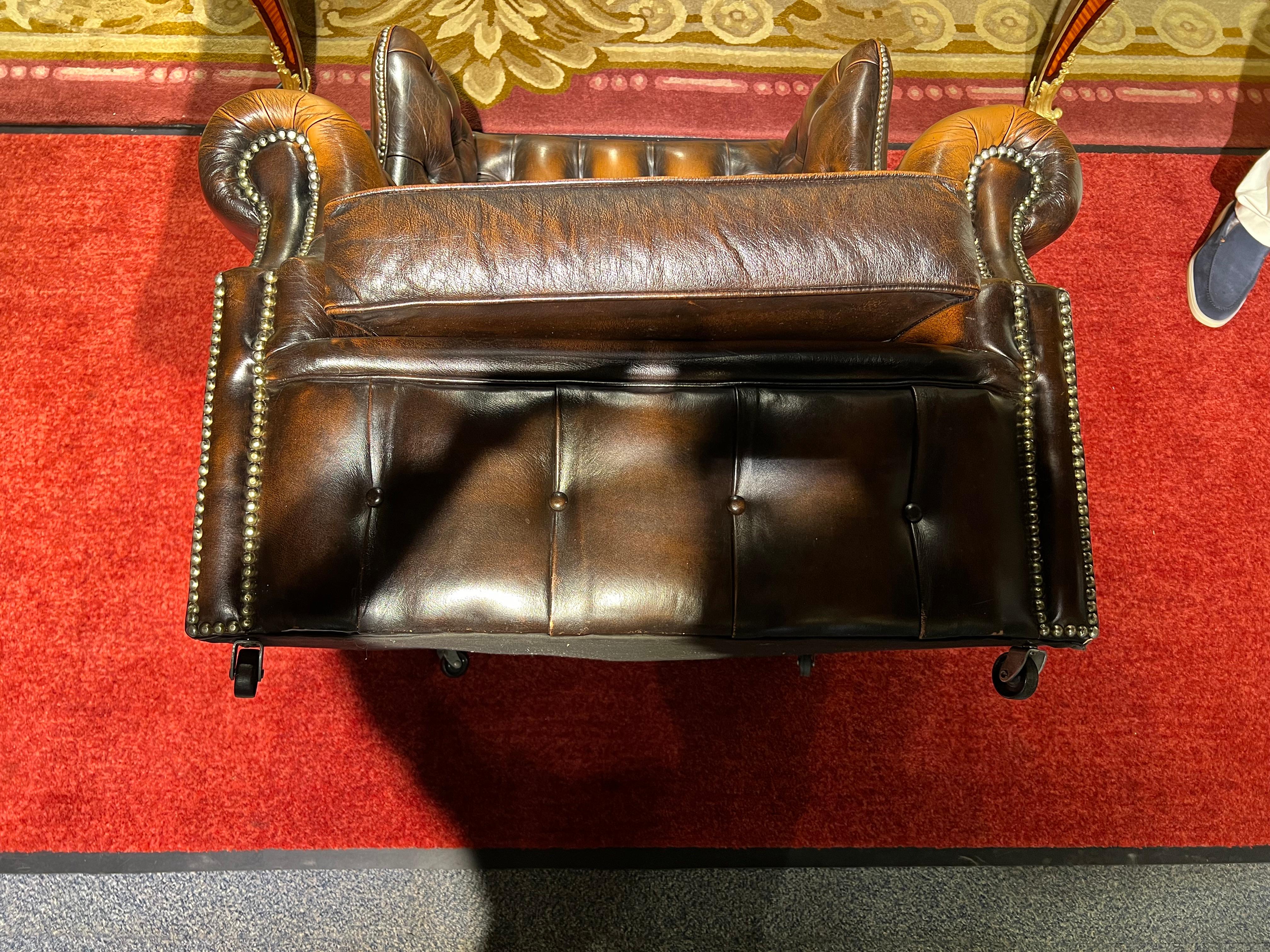 Chesterfield Vintage Brown Leather Wingback Georgian Armchair with Horse hair For Sale 9