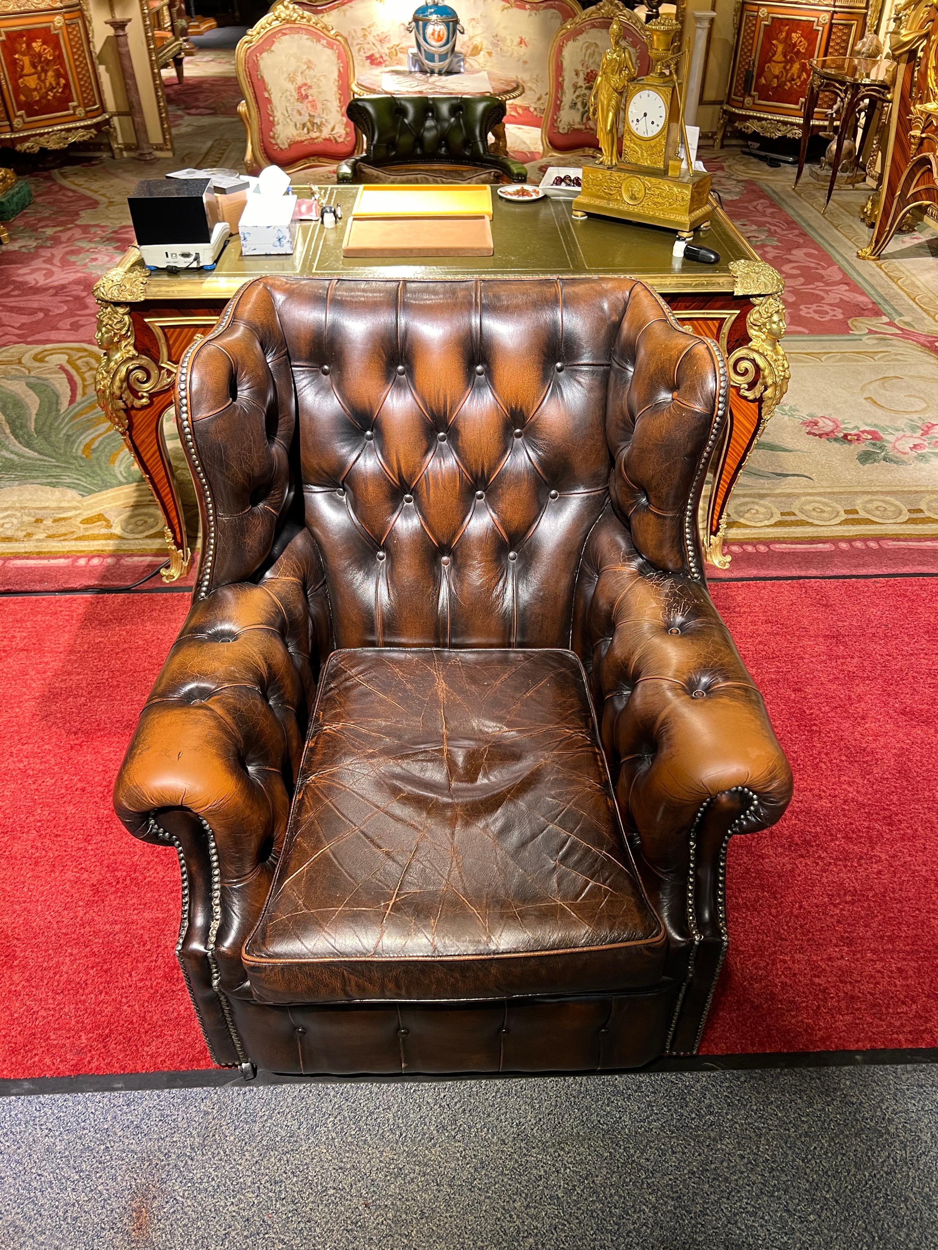 We are delighted to offer for sale this lovely vintage Georgian H-framed Chesterfield wingback armchair in brown leather A lovely Armchair, full of vintage charm and character, we have lightly restored them to include a deep cleaned hand condition