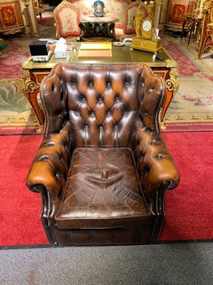 Chesterfield Vintage Brown Brown Leather Wingback Georgian Armchair with Horse hair (fauteuil géorgien à dossier en cuir)