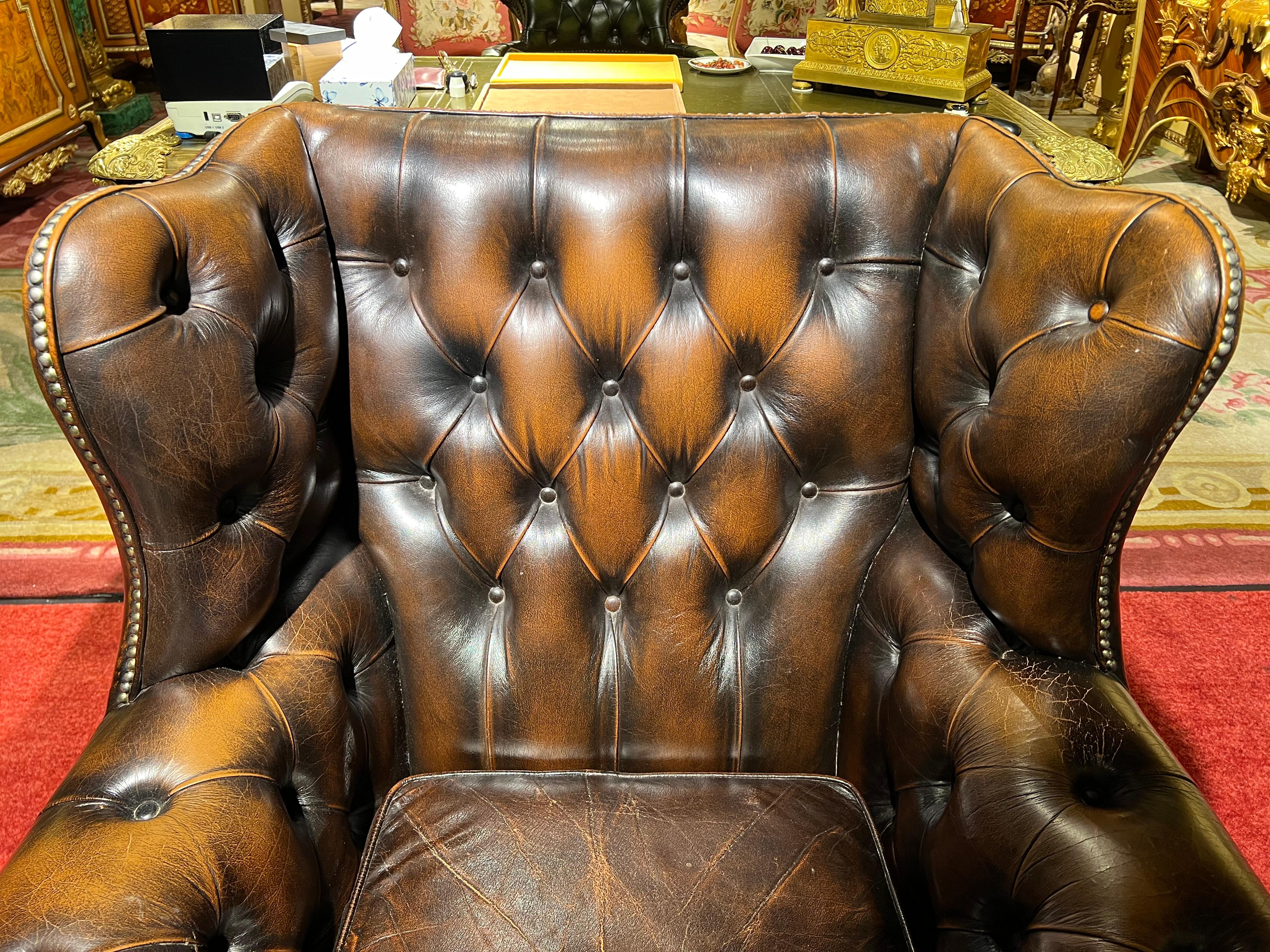 Chesterfield Vintage Brown Leather Wingback Georgian Armchair with Horse hair For Sale 1