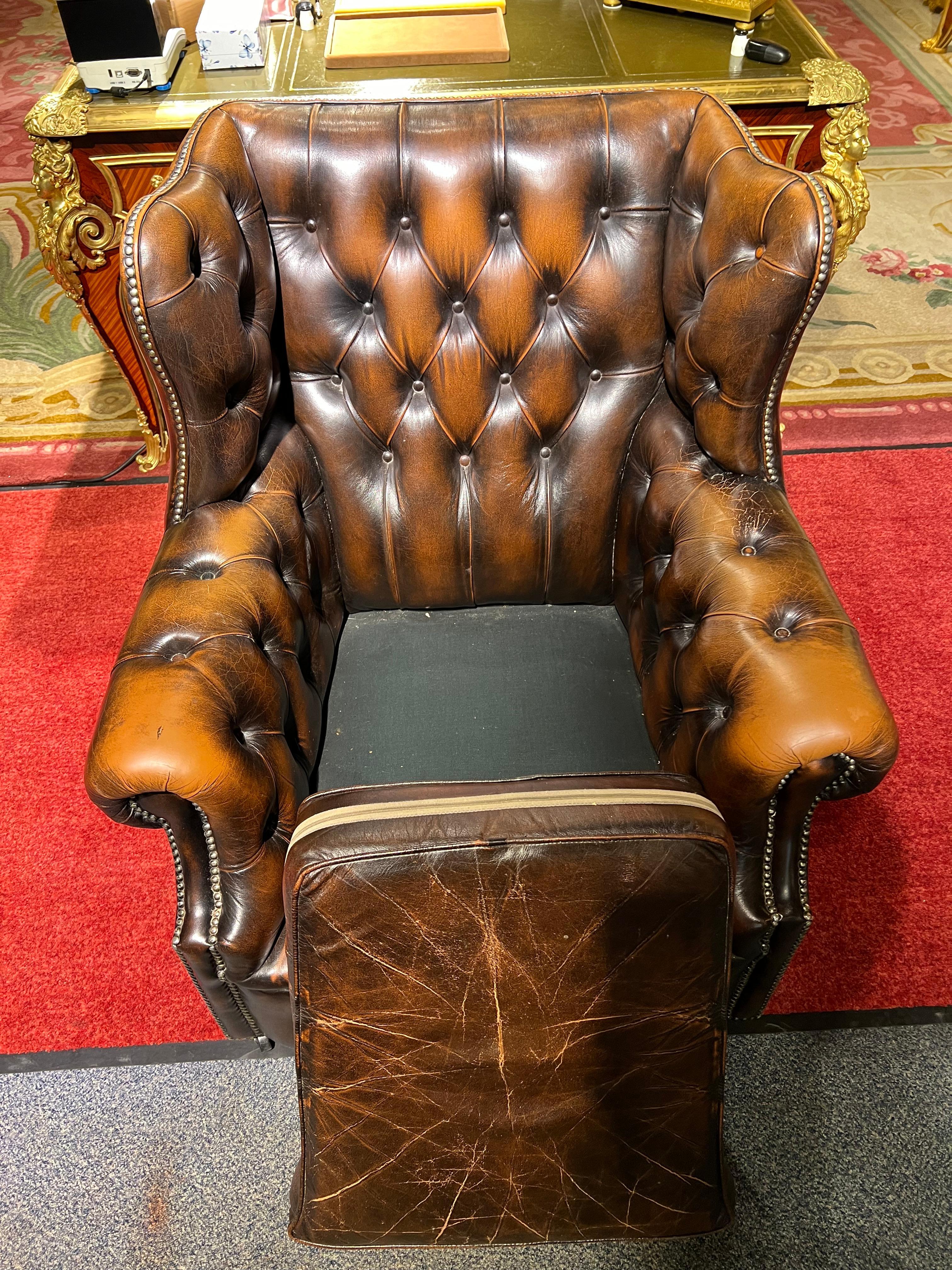 Chesterfield Vintage Brown Leather Wingback Georgian Armchair with Horse hair For Sale 2