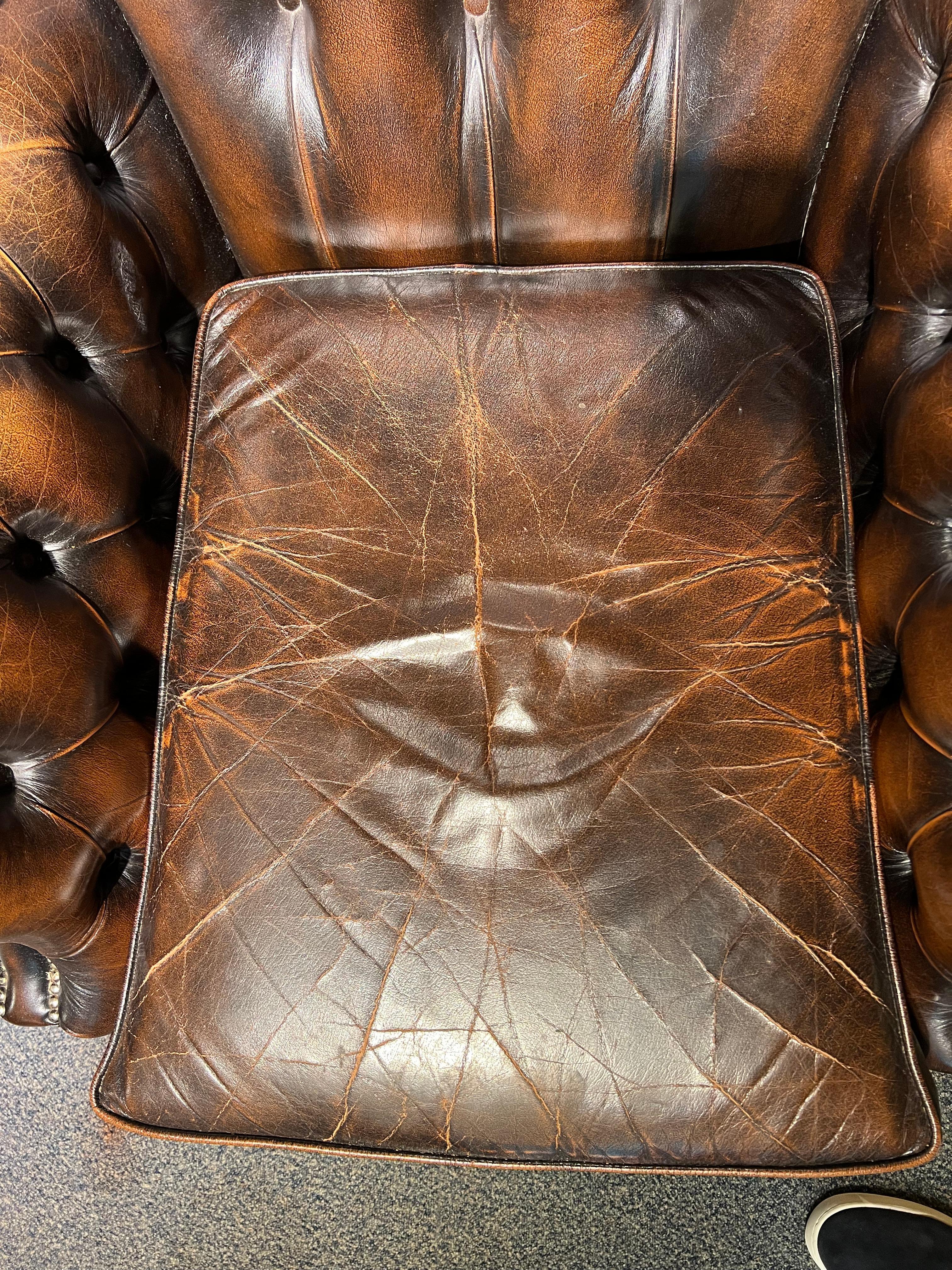 Chesterfield Vintage Brown Leather Wingback Georgian Armchair with Horse hair For Sale 3