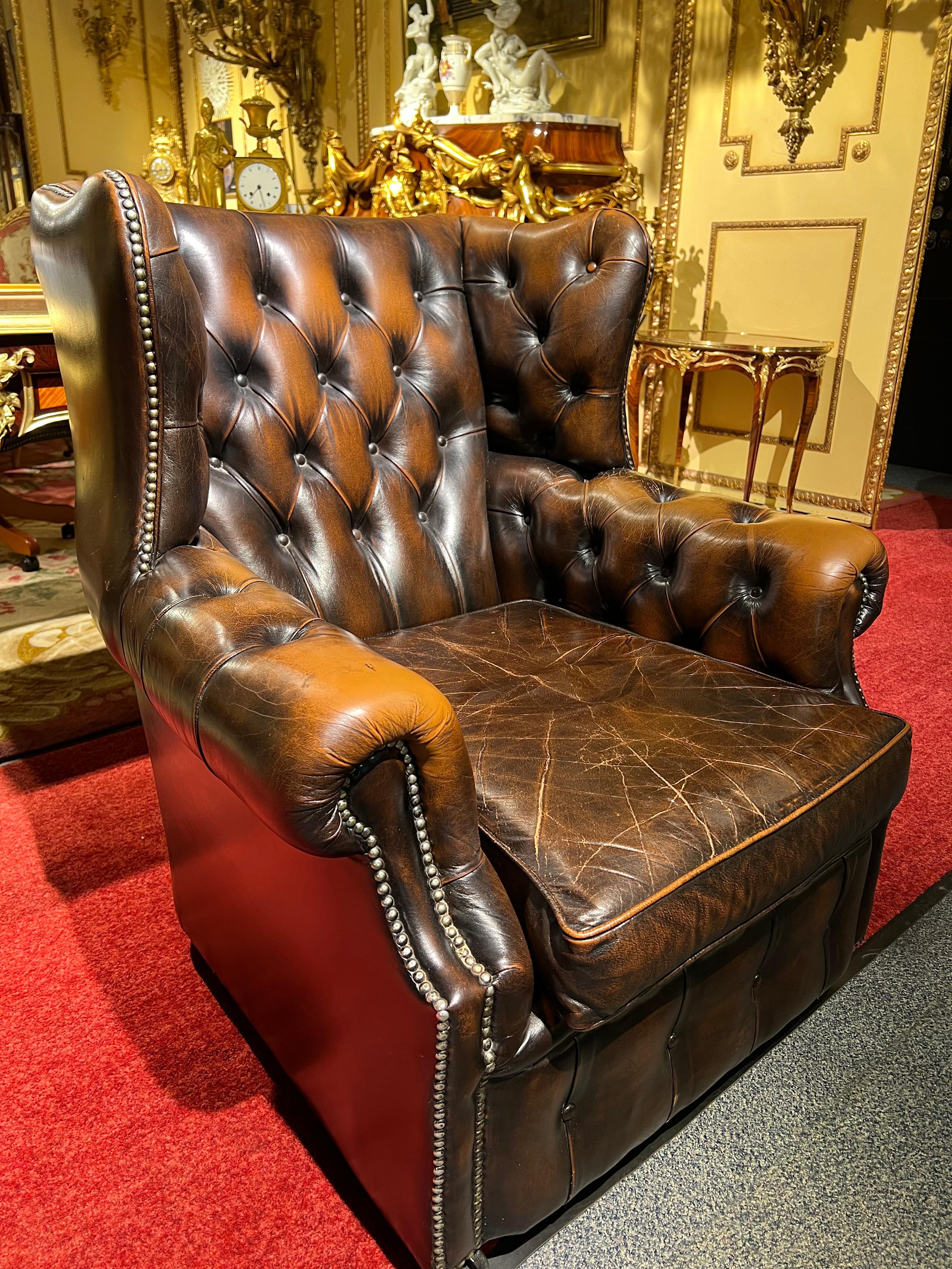 Chesterfield Vintage Brown Leather Wingback Georgian Armchair with Horse hair For Sale 4