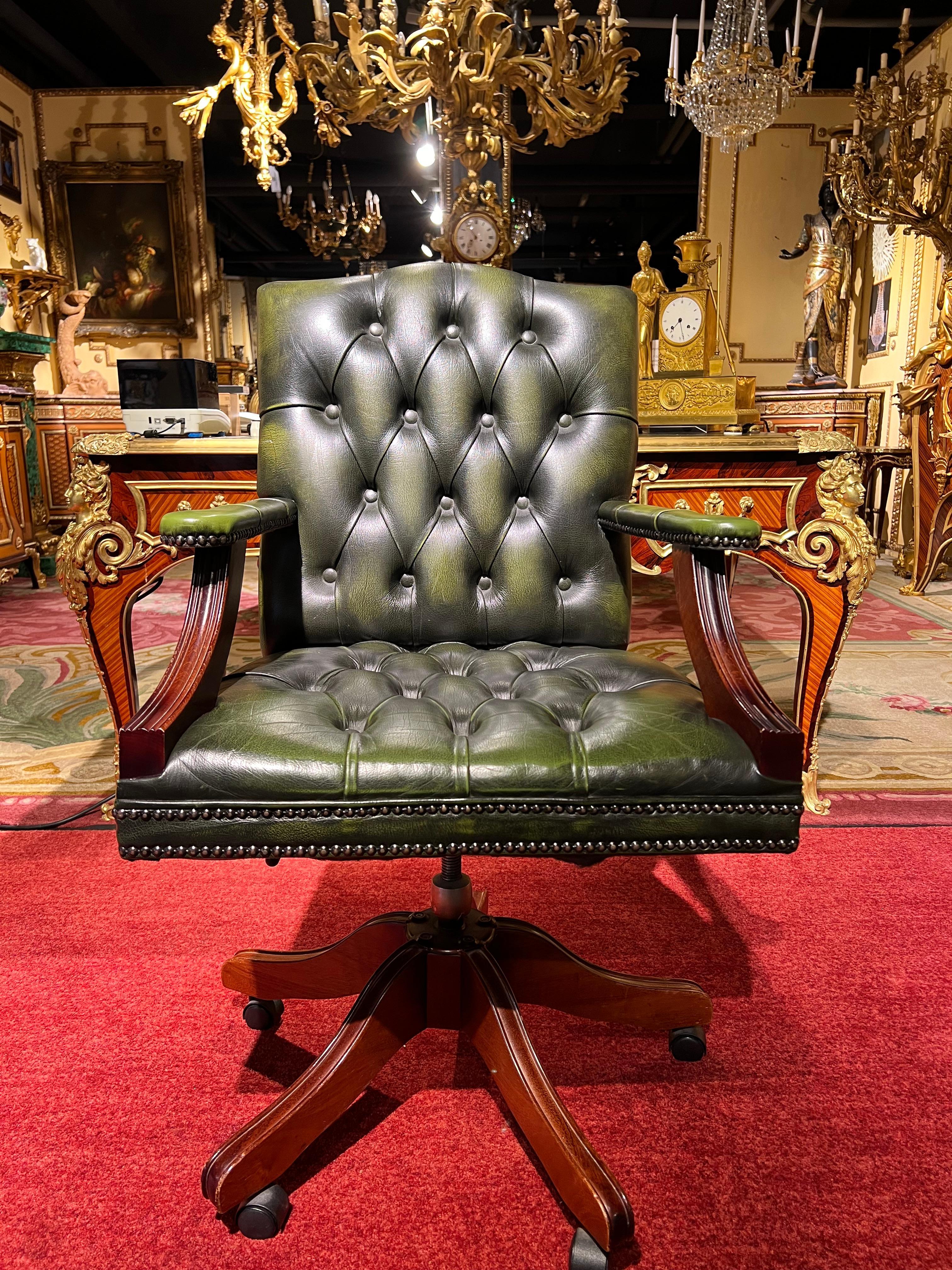 English Chesterfield Vintage Captain's Office Chair in Green Leather