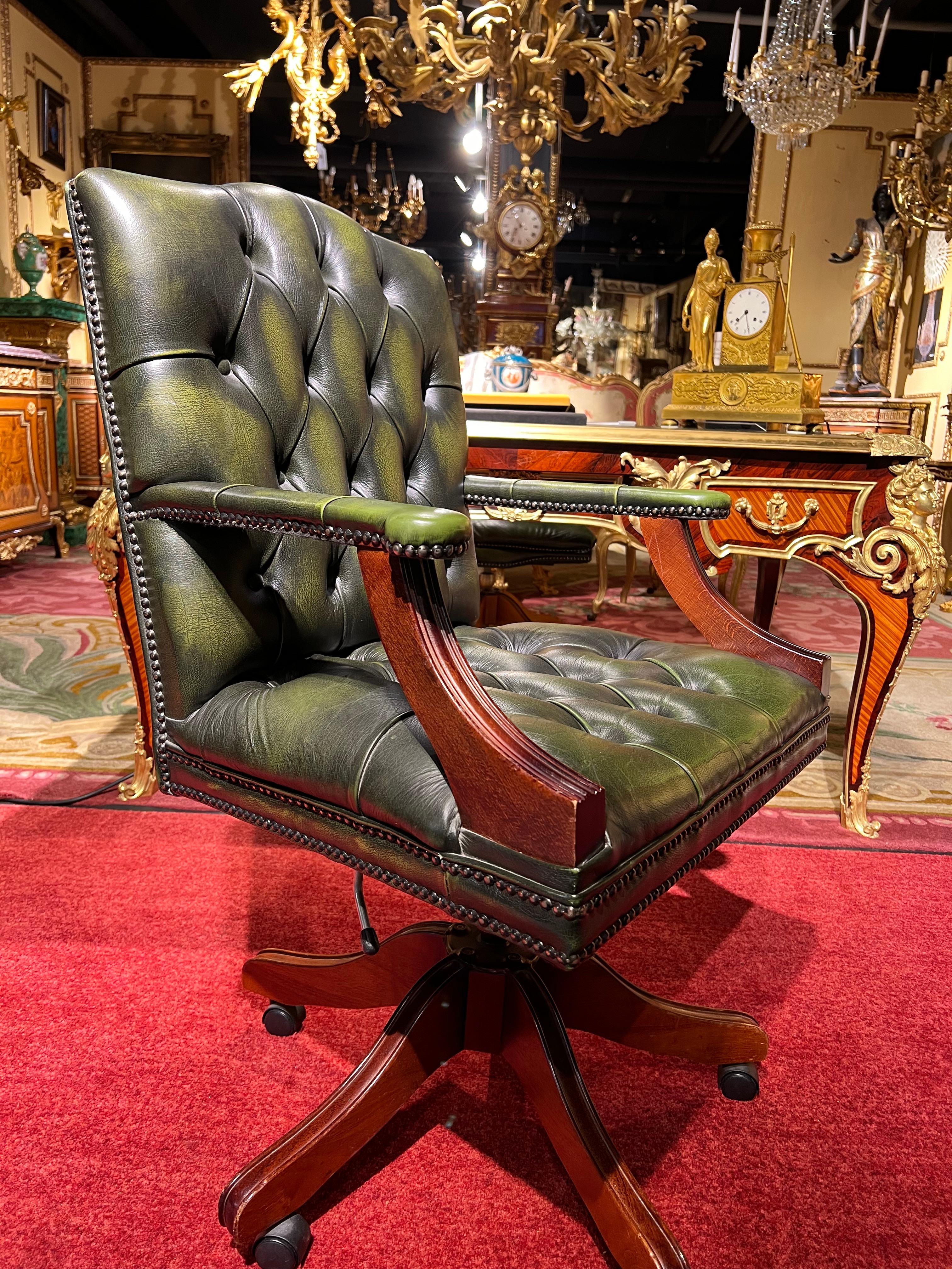 20th Century Chesterfield Vintage Captain's Office Chair in Green Leather