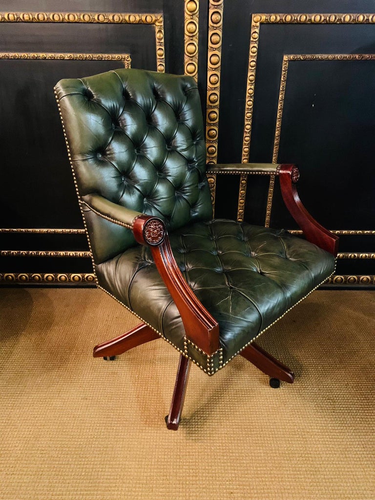 Chesterfield Vintage Green Leather Captains Directors Office Chair at