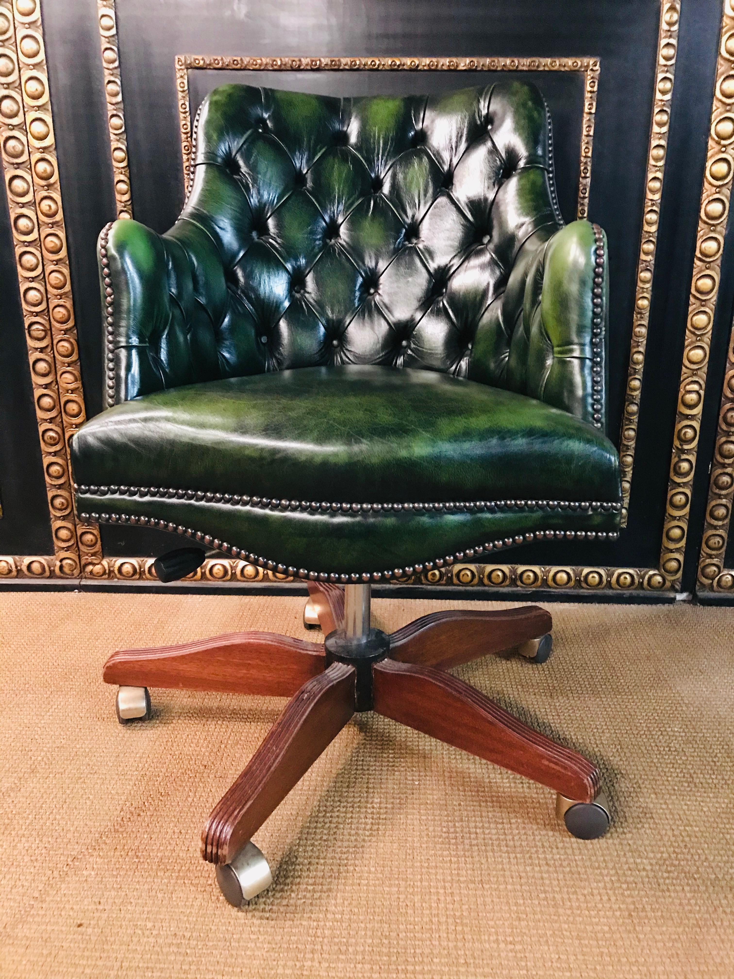 Stunning original handmade in England hand dyed deep green leather captains armchair a stunning piece, the leather is English cattle hide and nice and thick, each panel has been hand.
The leather stripped back then hand dyed this glorious