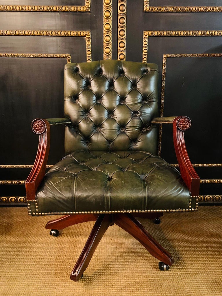 Chesterfield Vintage Green Leather Captains Directors Office Chair at