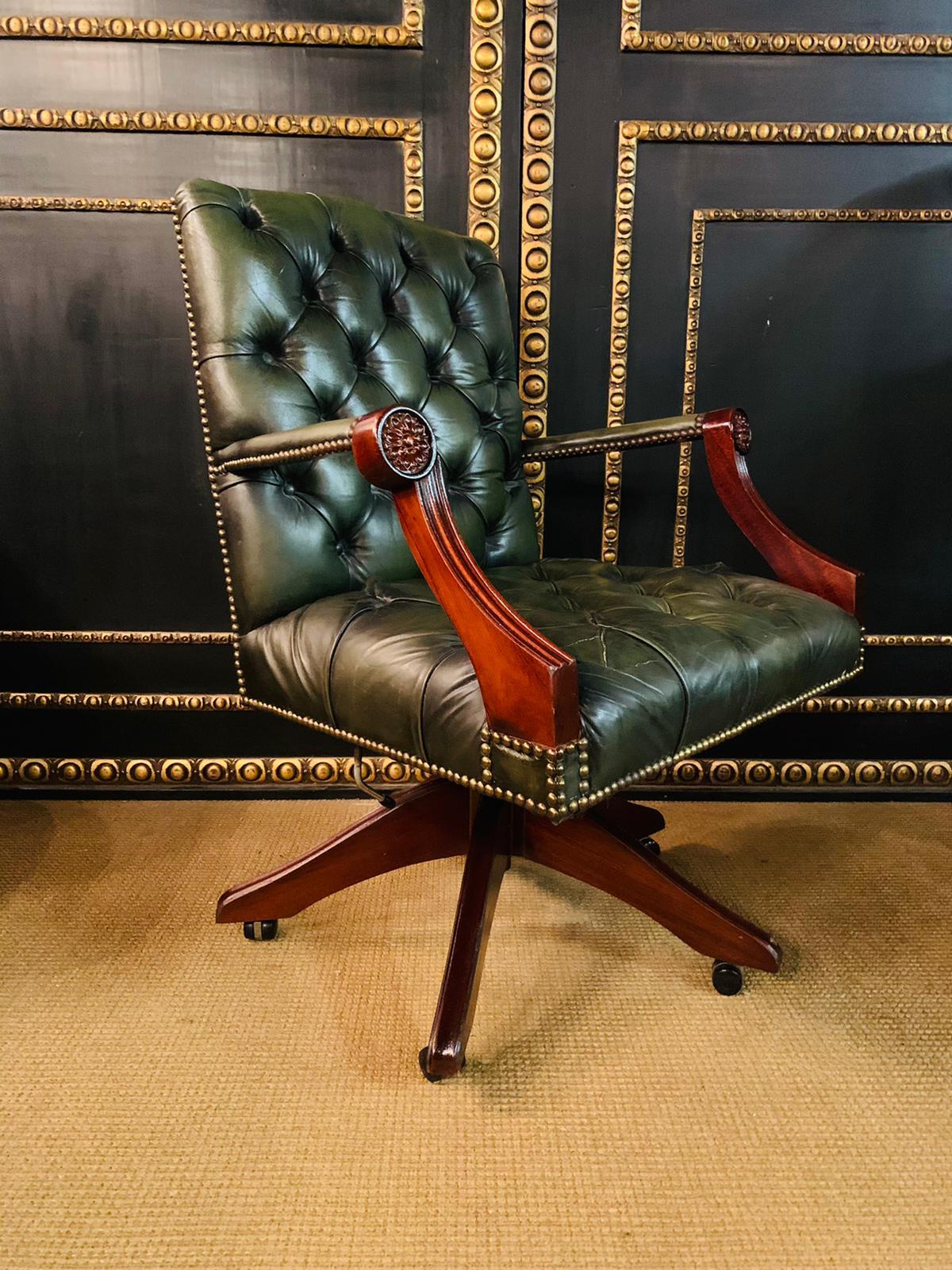 Chesterfield Vintage Green Leather Captains Directors Office Chair 2