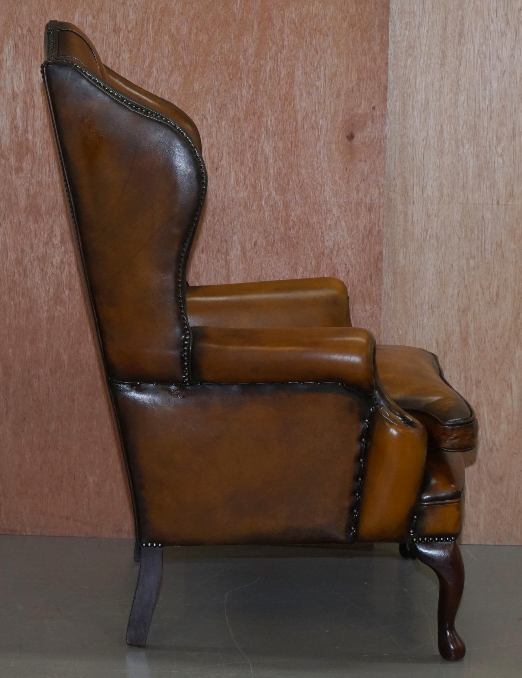 Chesterfield William Morris Wingback Armchair & Footstool Cigar Brown Leather 1