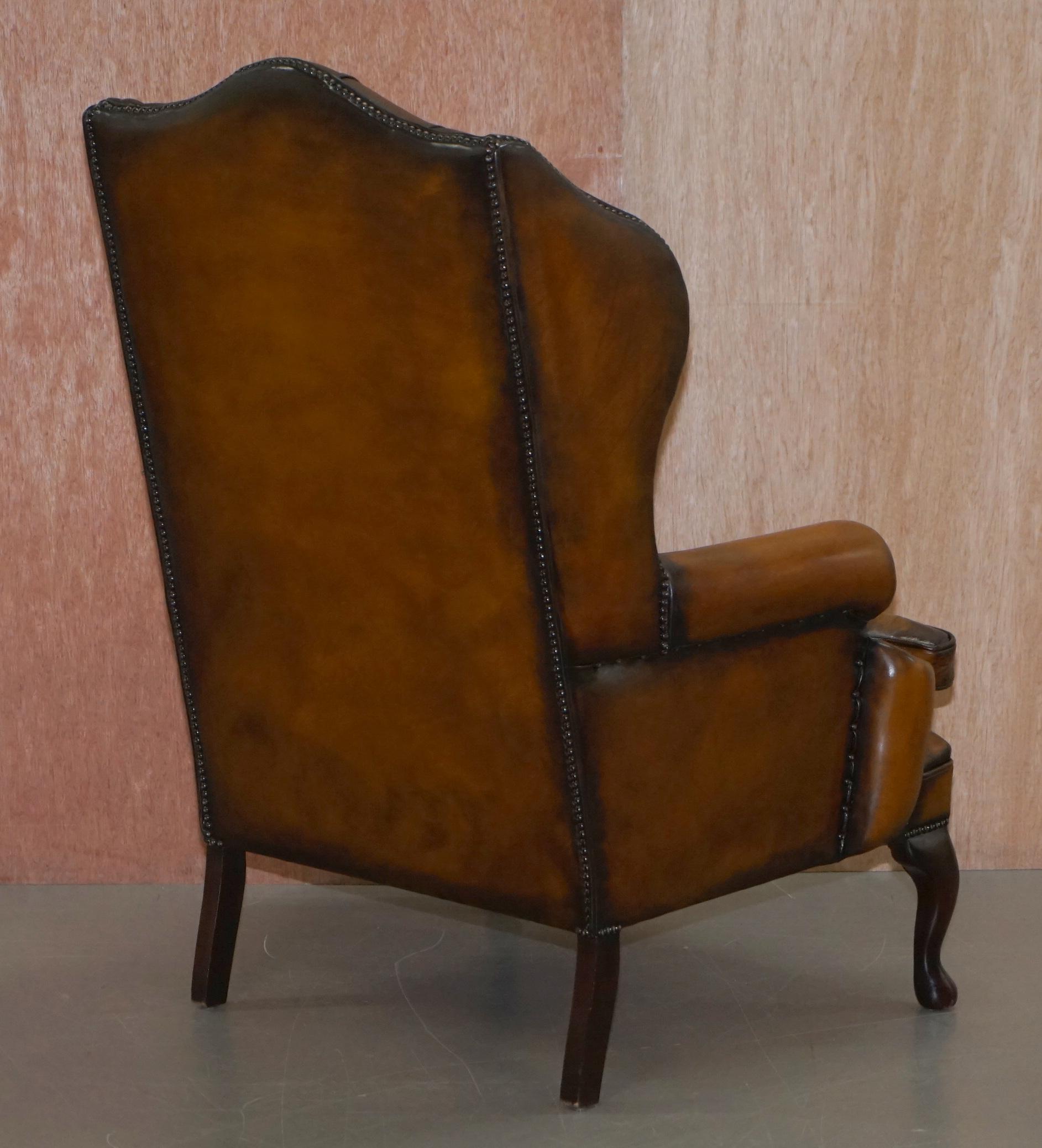 Chesterfield William Morris Wingback Armchair & Footstool Cigar Brown Leather 2