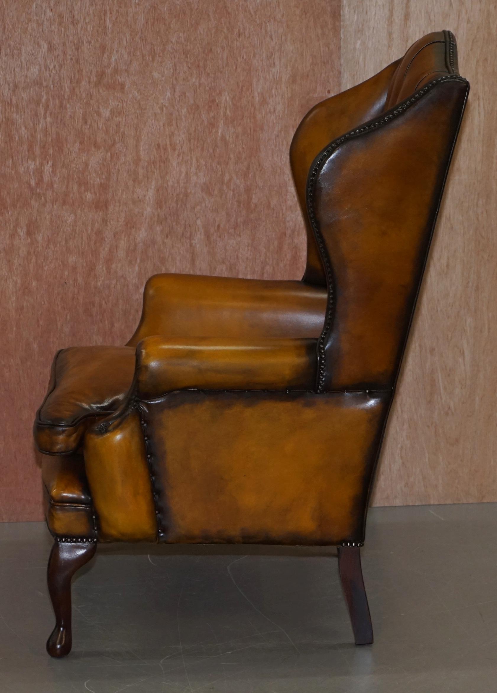 Chesterfield William Morris Wingback Armchair & Footstool Cigar Brown Leather 4