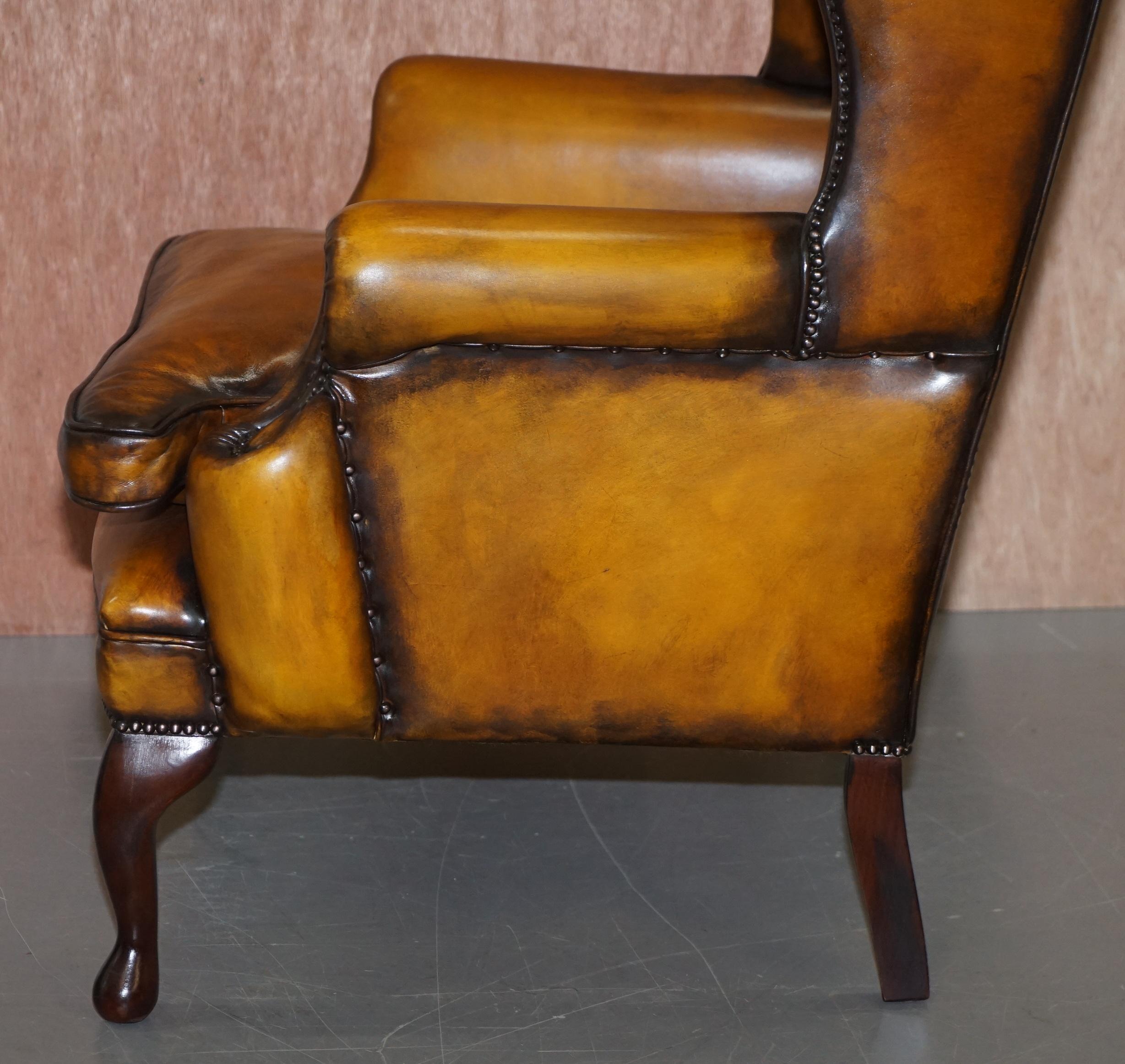 Chesterfield William Morris Wingback Armchair & Footstool Cigar Brown Leather 5