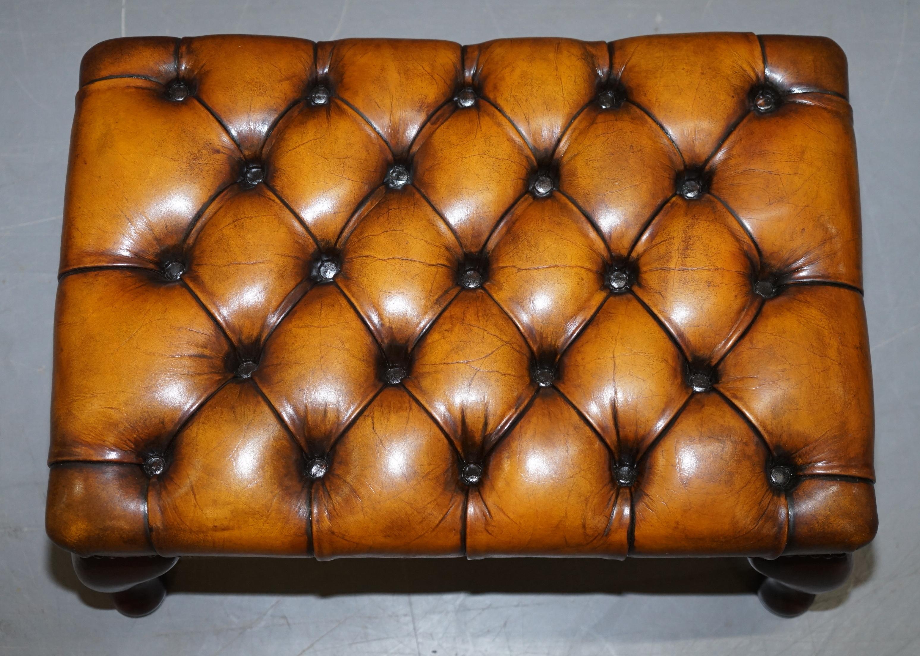 Chesterfield William Morris Wingback Armchair & Footstool Cigar Brown Leather 8