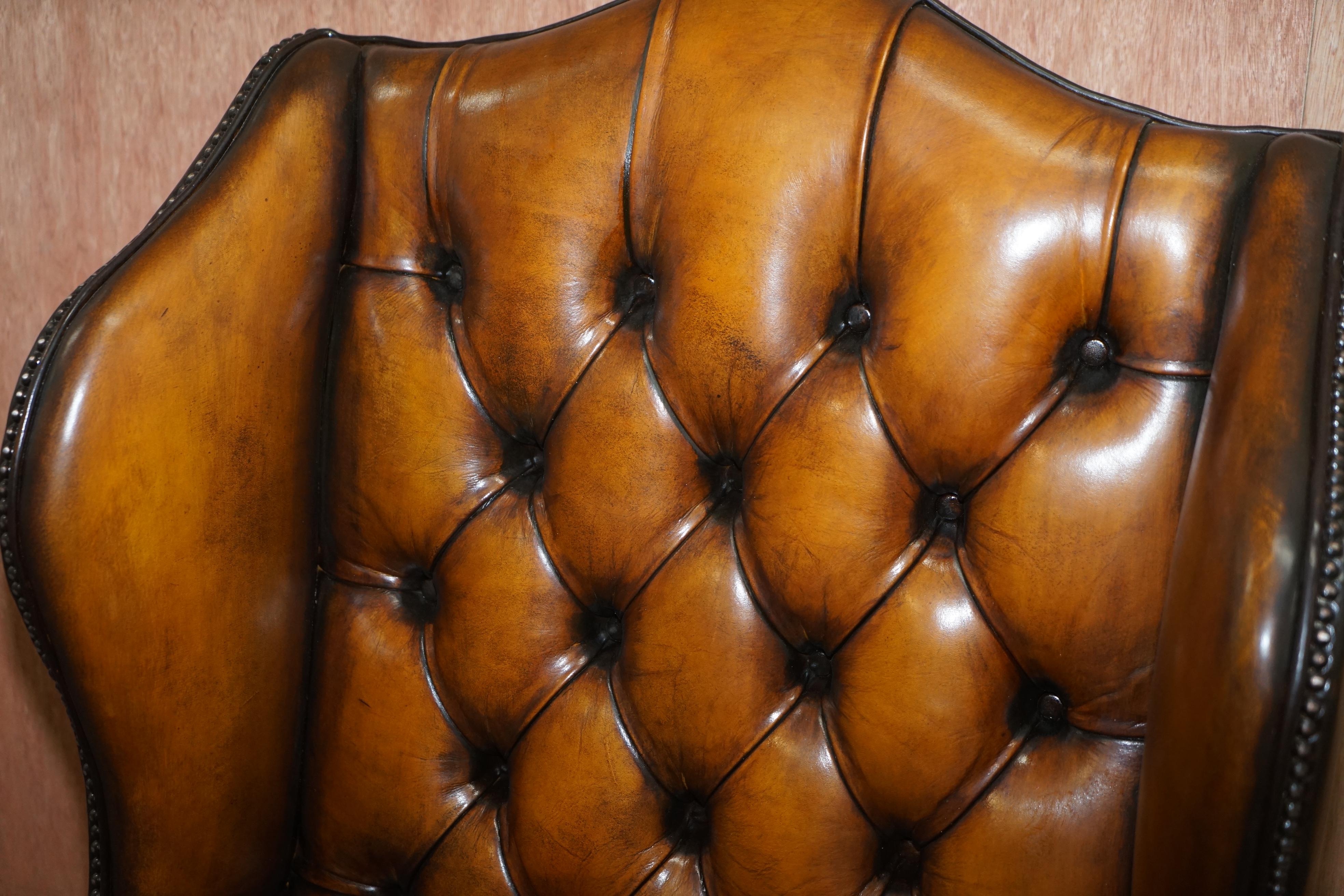 Victorian Chesterfield William Morris Wingback Armchair & Footstool Cigar Brown Leather