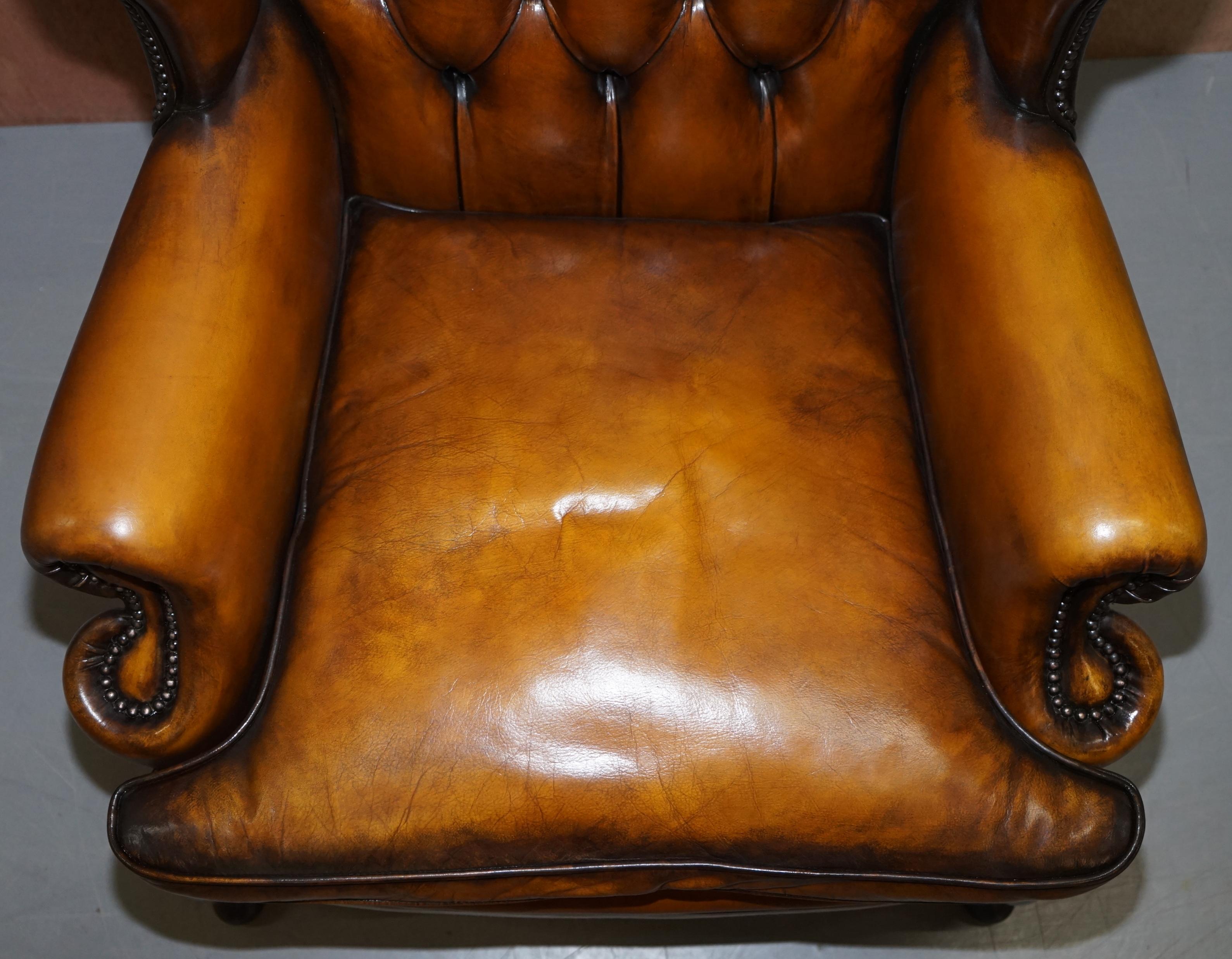English Chesterfield William Morris Wingback Armchair & Footstool Cigar Brown Leather